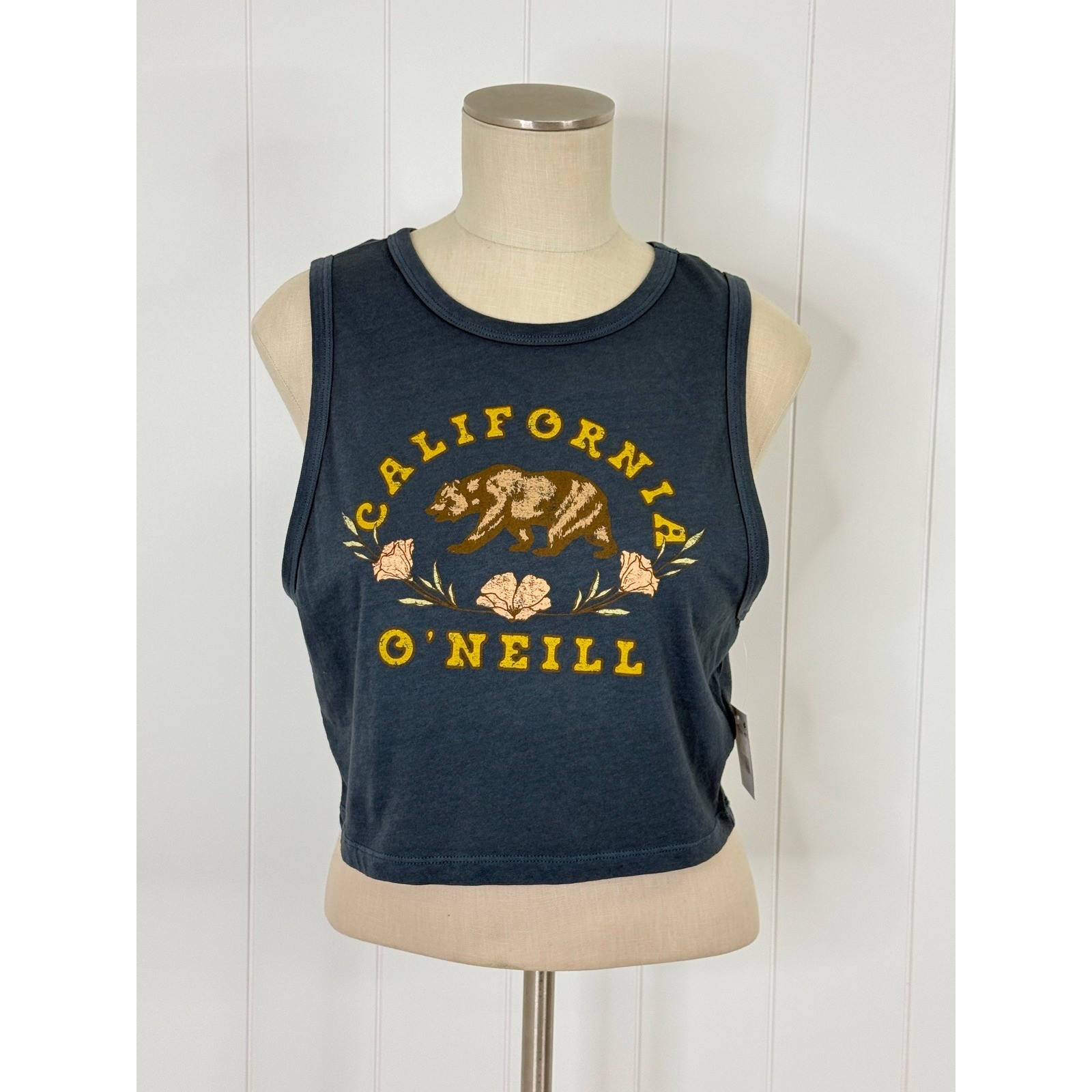 O’Neill California Cali Bear Crop Tank Top Size M Slate Blue NWT Cropped Beach