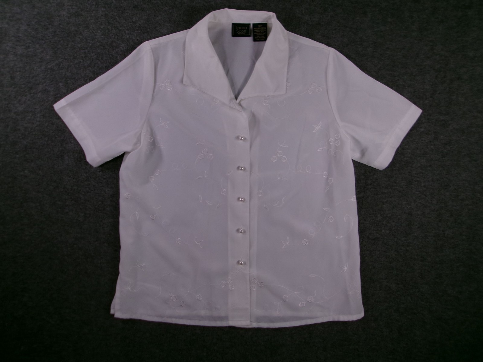 Laura Scott Shirt Womens Petite 10P Embroidered Short Sleeve Button Front White