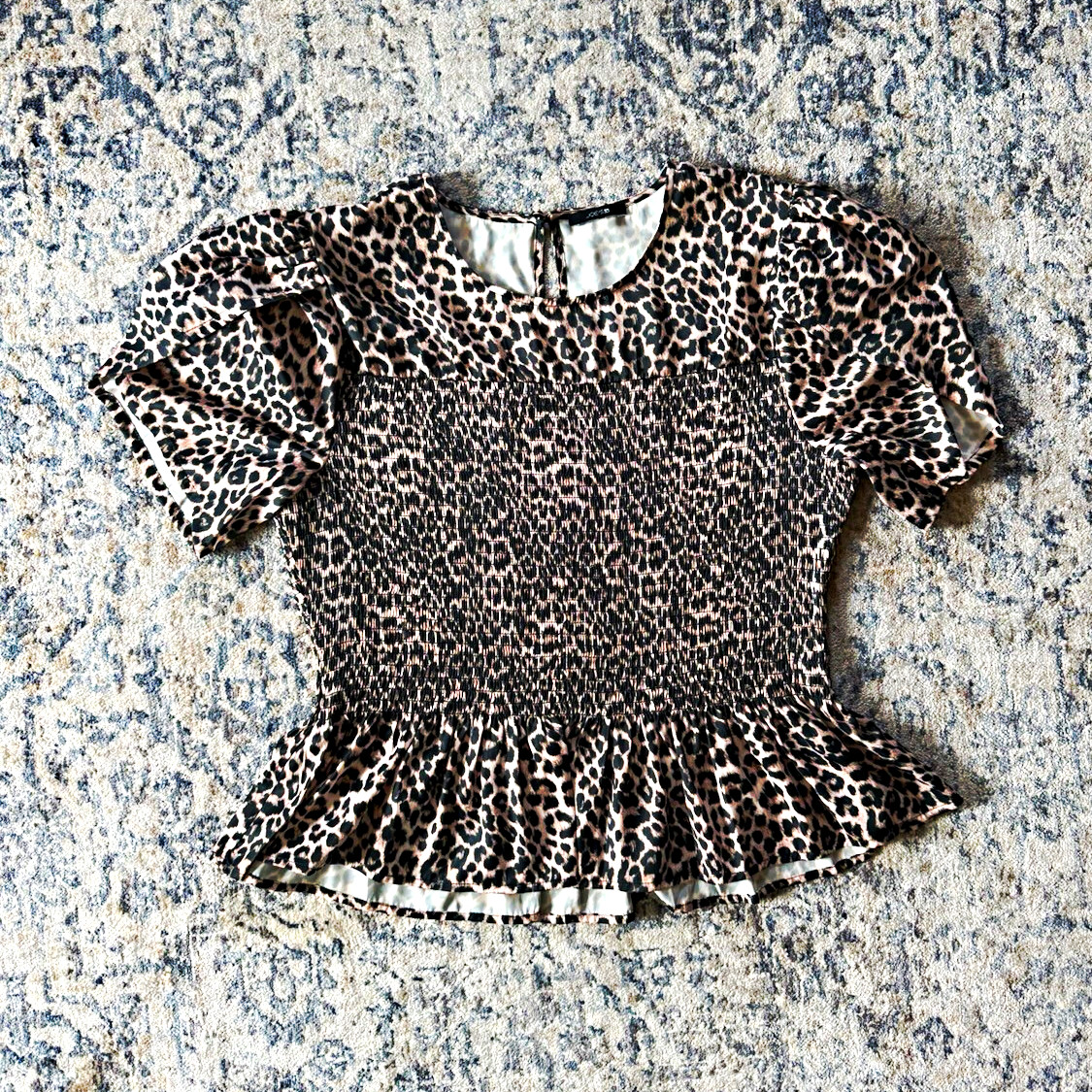 JOE’S Jeans Women’s M Leopard Animal Print Smocked Puff Sleeve Peplum Blouse