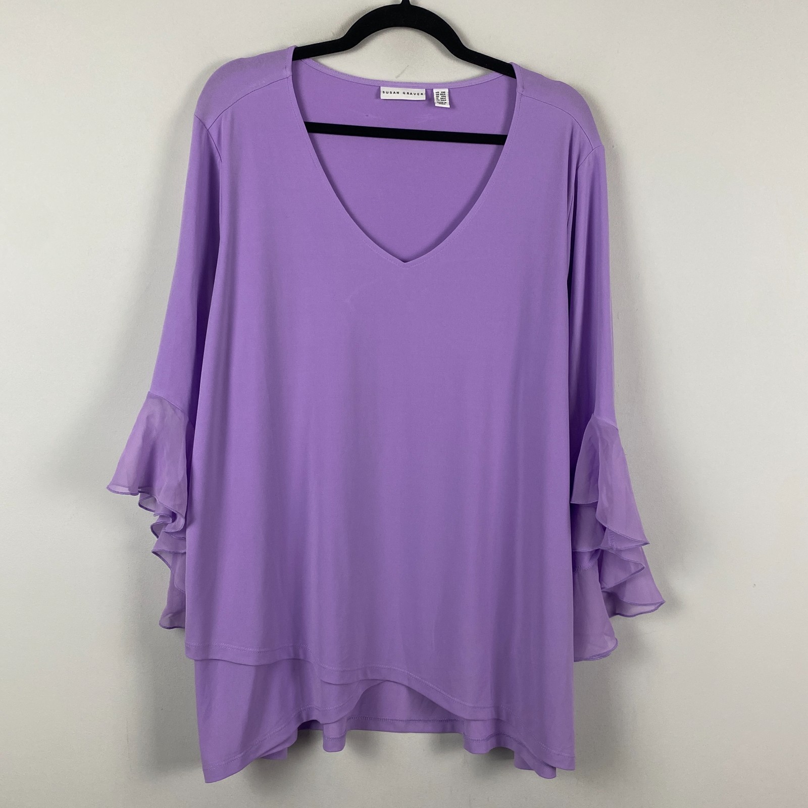 Susan Graver Liquid Knit Tunic Top Size 2XP w/ Woven Ruffle Sleeves Sweet Lilac