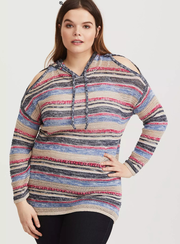 Cute Torrid Women’s Plus Size Stripe Cold Shoulder Hoodie Knit Tunic- 6 6x 6xl