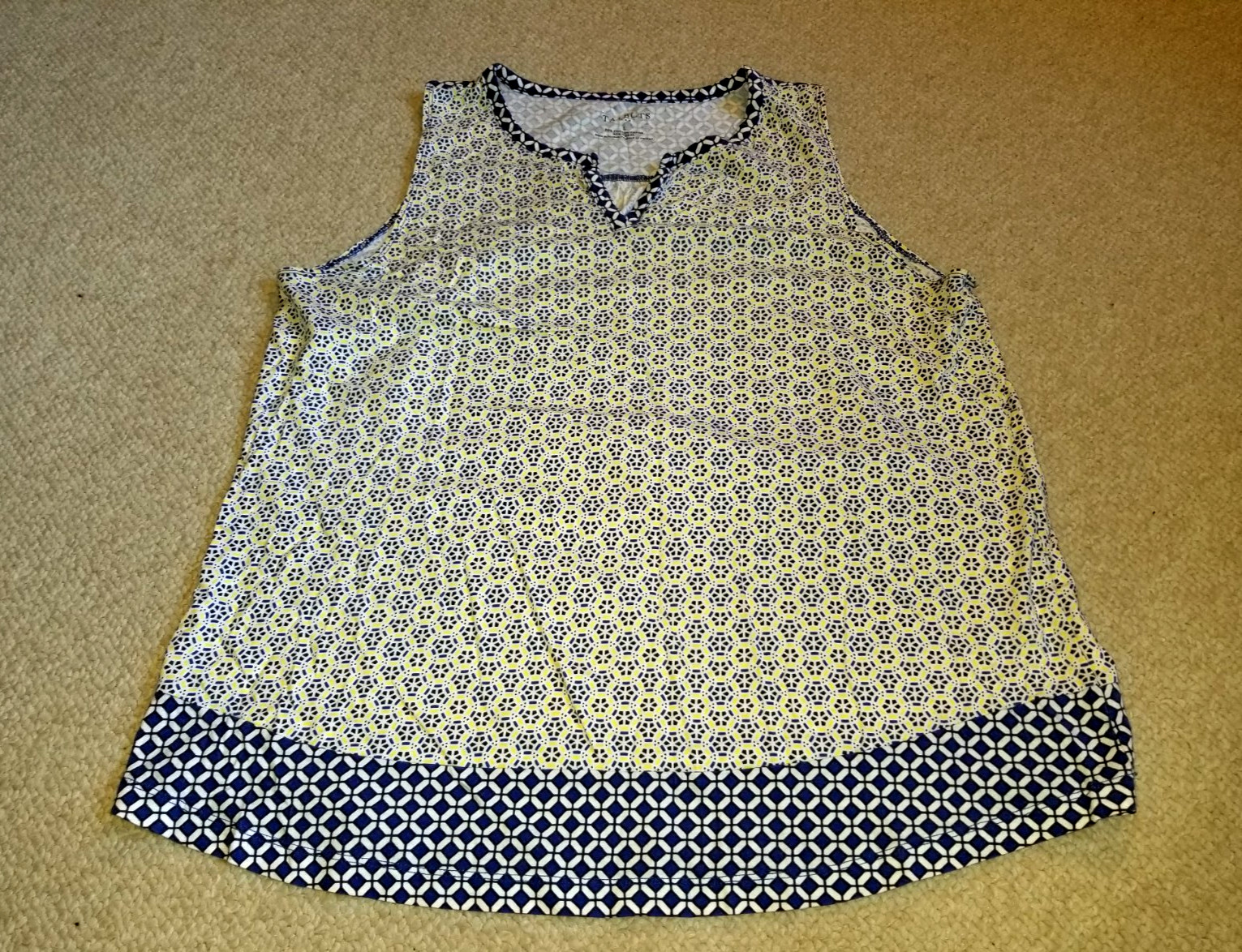 Womens Top-TALBOTS-blue/white/yellow cotton knit V-neck tunic Resort Coastal-L
