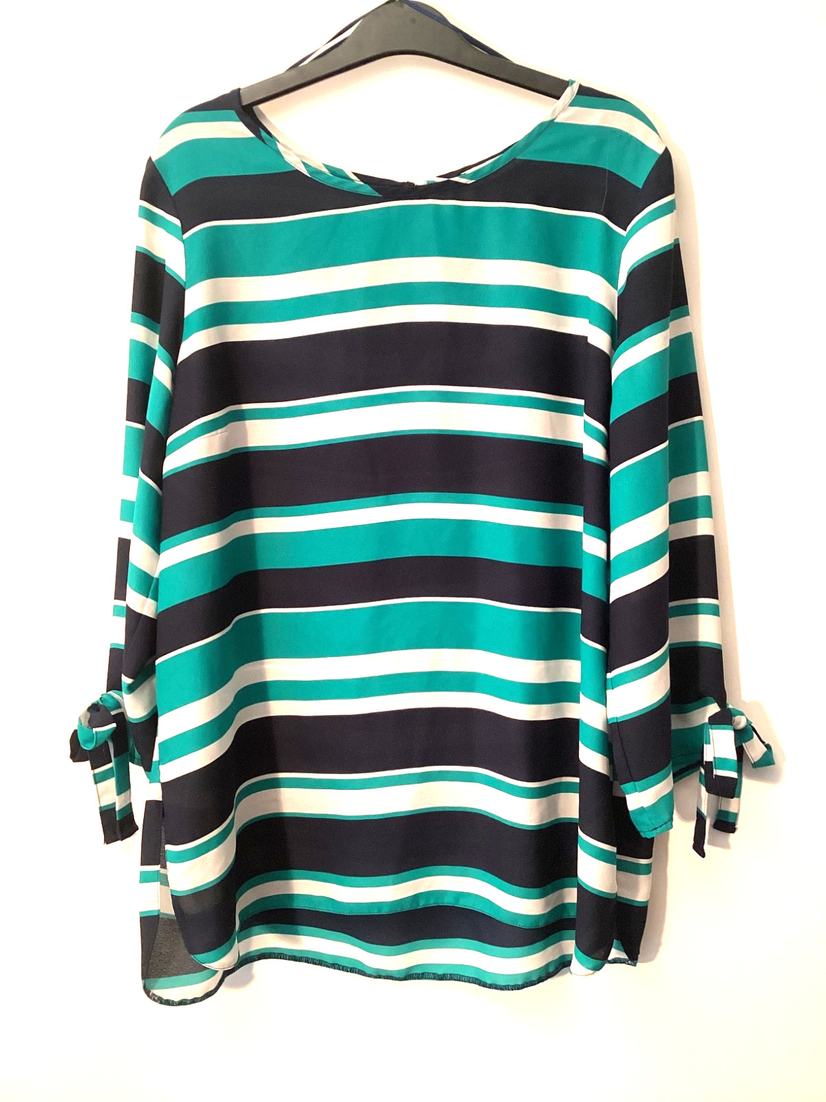 Striped Blouse Size 16 Green Navy Blue White Tie Cuff Sleeve Top Smart