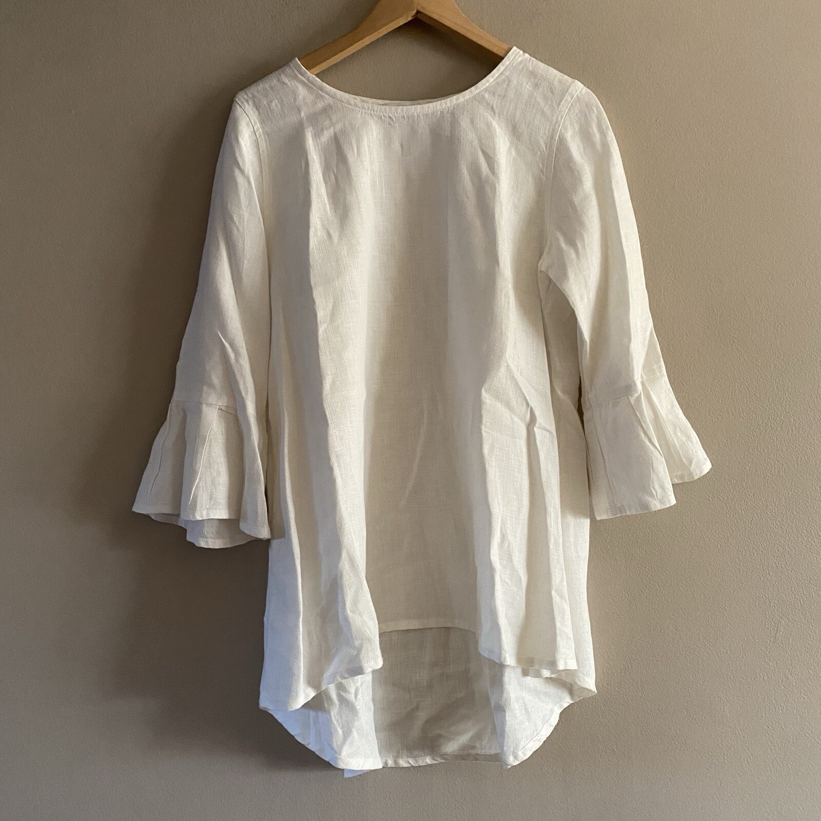 Crown Linen Designs Women’s White Linen Bella Tunic Top Bell Sleeves Size MEDIUM