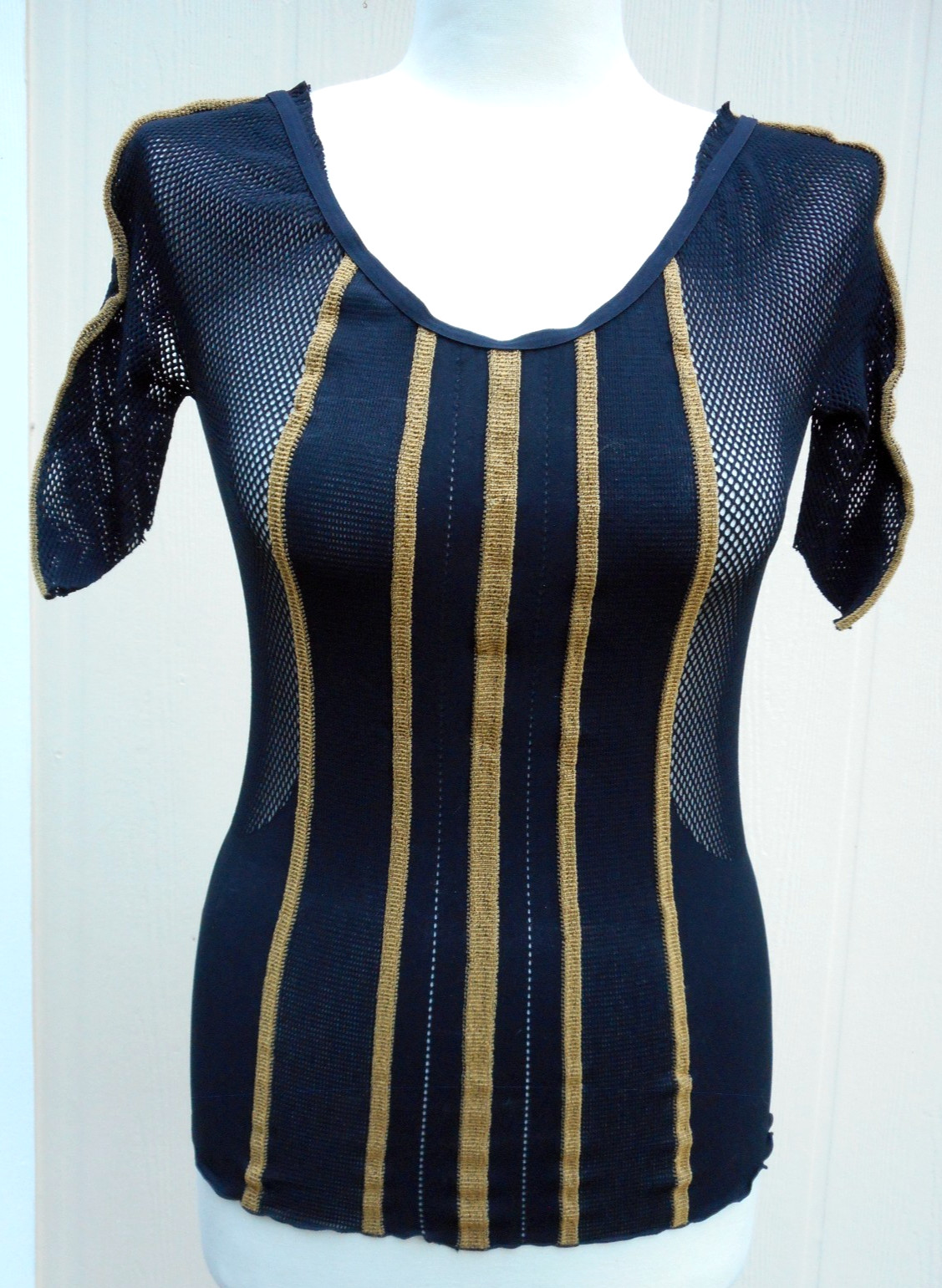 NWOT JUST CAVALLI Black Gold Mesh Snake Top Semi Sheer Stretch Italian 46 US L