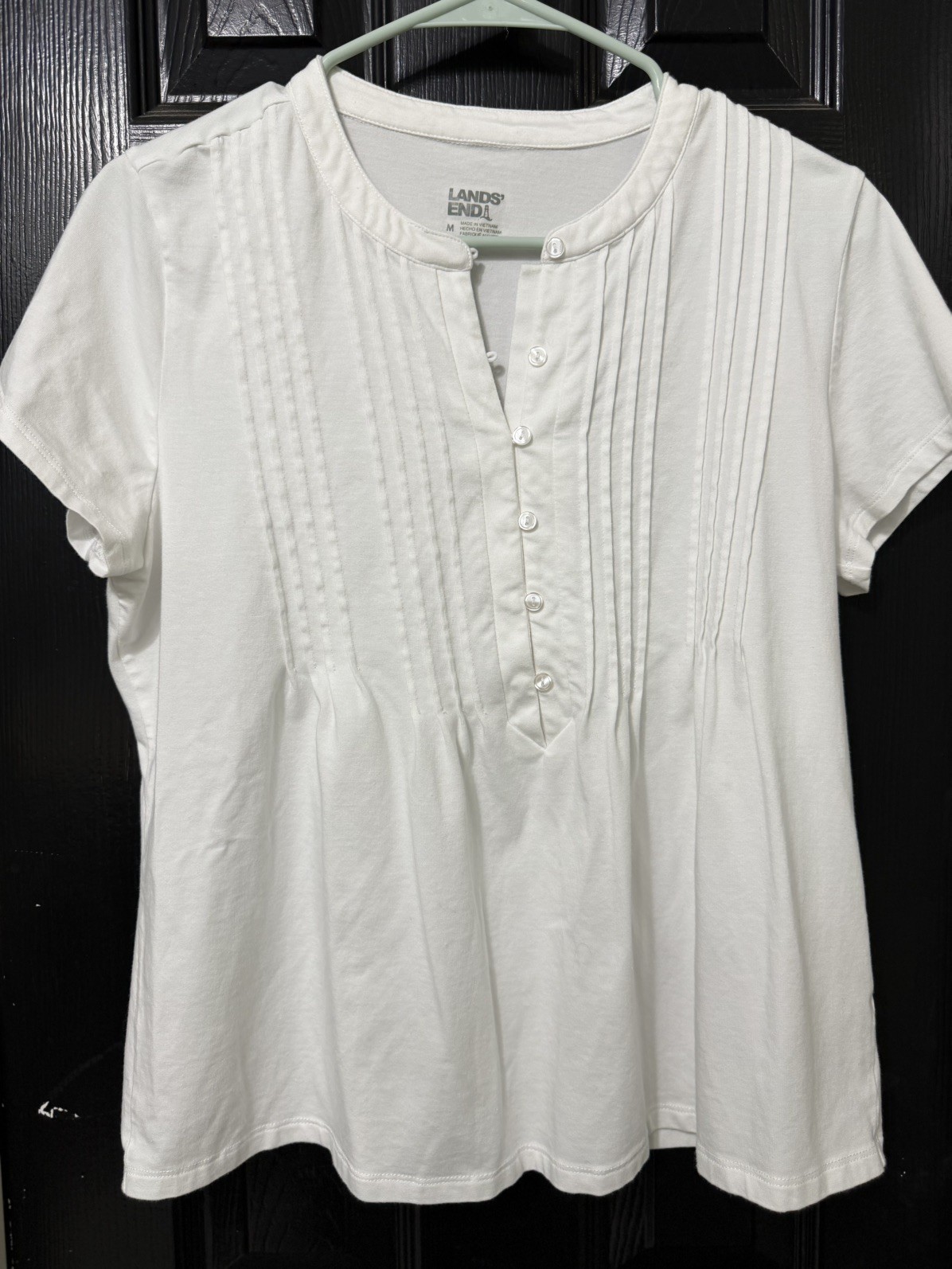 Lands End Lightweight Jersey Button Pintuck Top Size M White Spandex Cleangirl