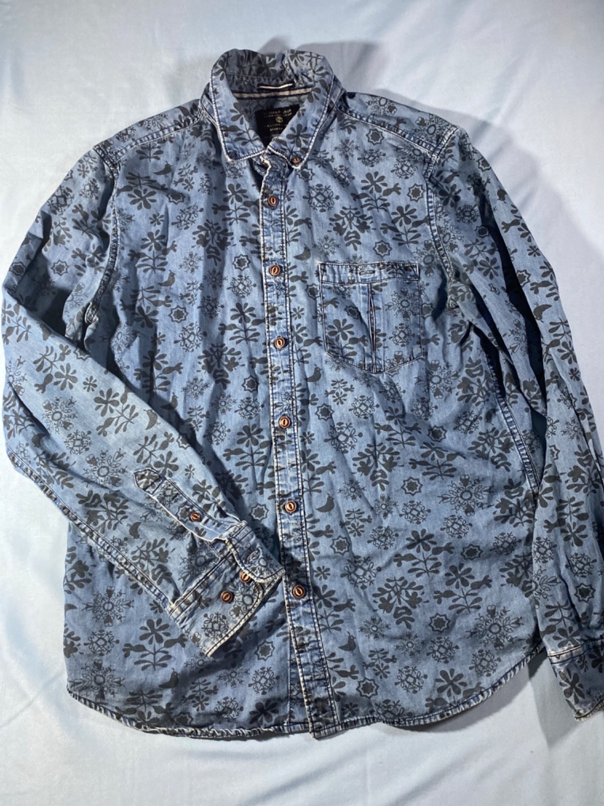 Men’s Denim & Flower Blue Floral Bird L Shirt Blouse Hippy 60’s Style Slim Fit