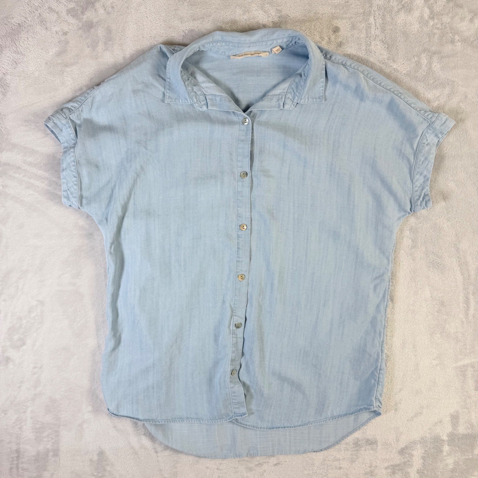 Soft Surroundings Button Down Shirt Womens PS Blue Tencel Lyocell Short Sleeve
