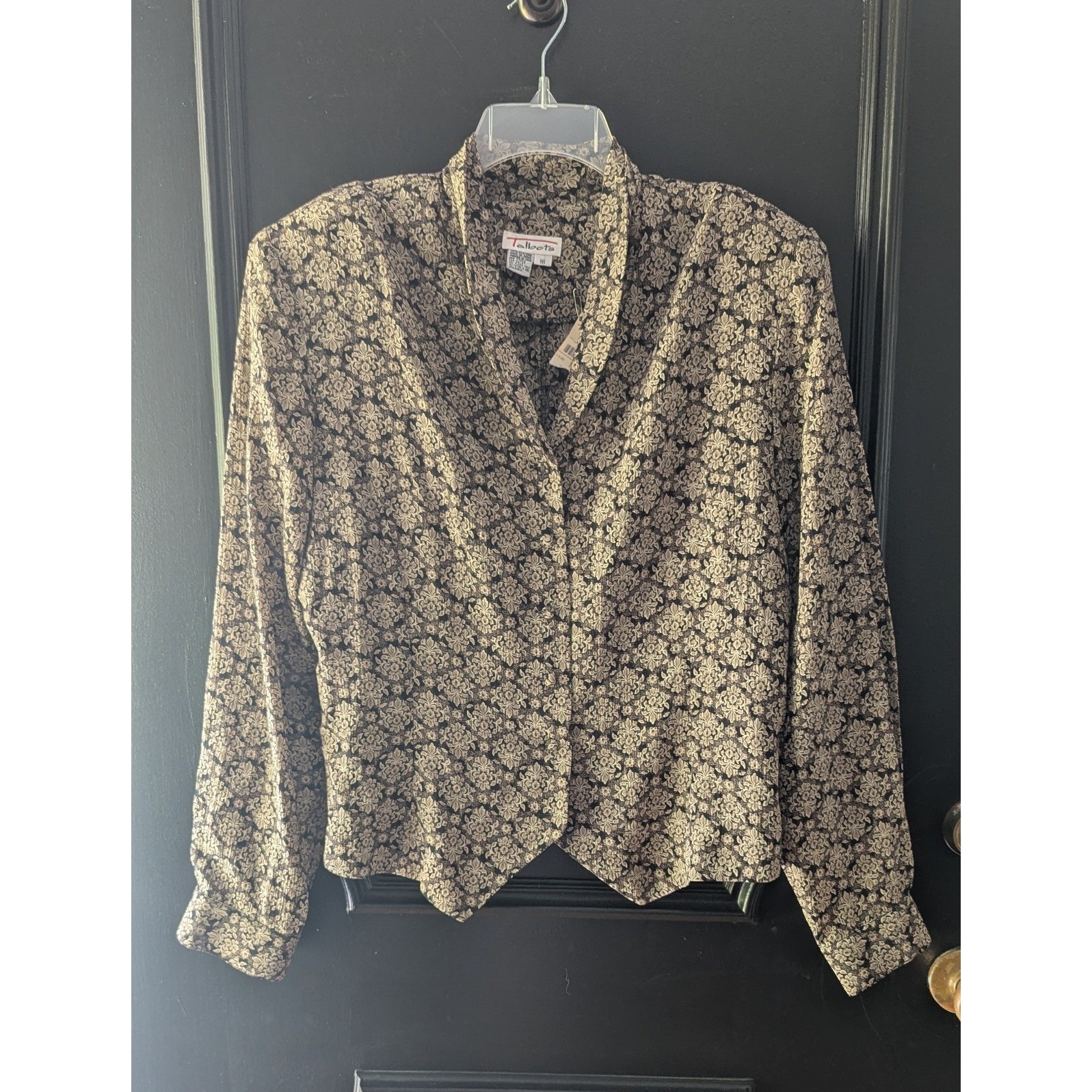 Vtg Talbots Blouse Black Tan Damask Floral Silk Shawl Collar Sz 16 Regencycore