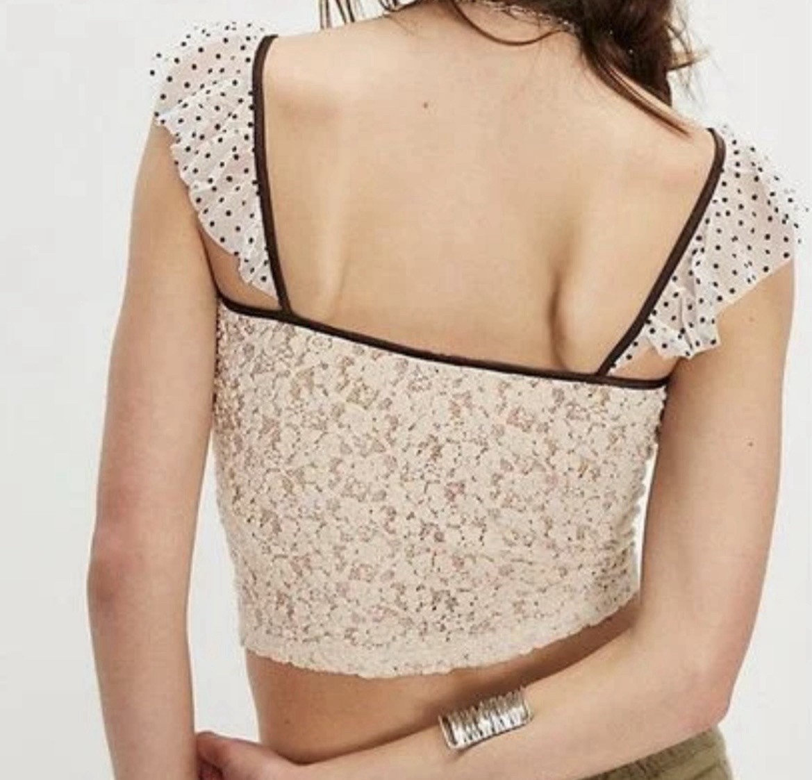 Free People Charlotte Floral Mesh Semi-Sheer Ruffle Polka Dot Crop Top XS NWOT