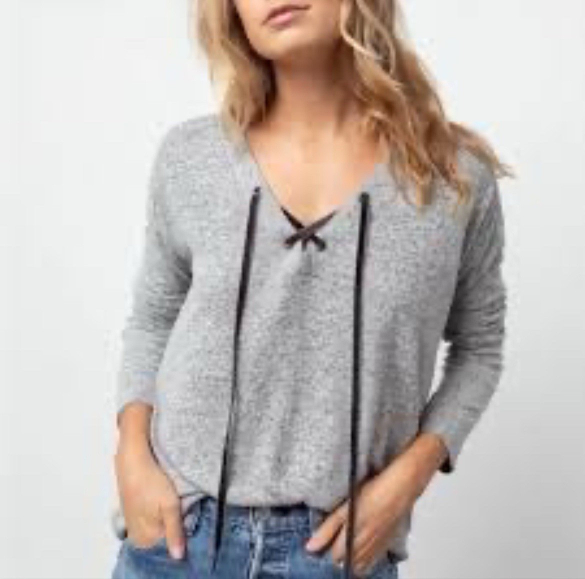 RAILS Leigh V-neck Velvet-ties Long-sleeve Top In Melange Gray Size Large Soft!
