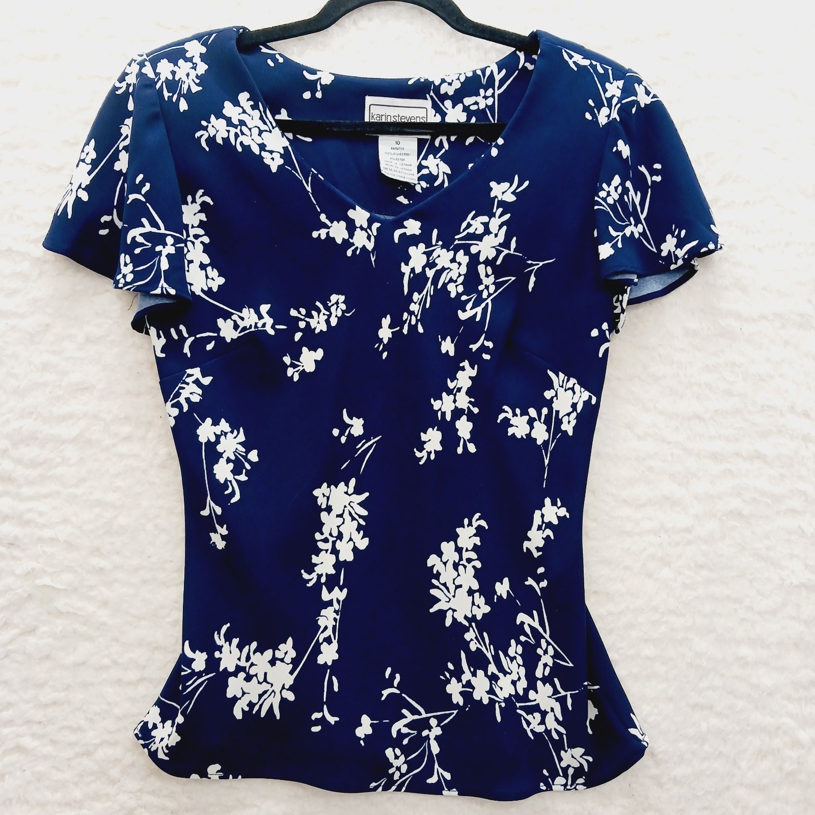 Blouse Navy White Floral Slim Fit Quiet Luxury Feminine Office Siren Y2K Size 10
