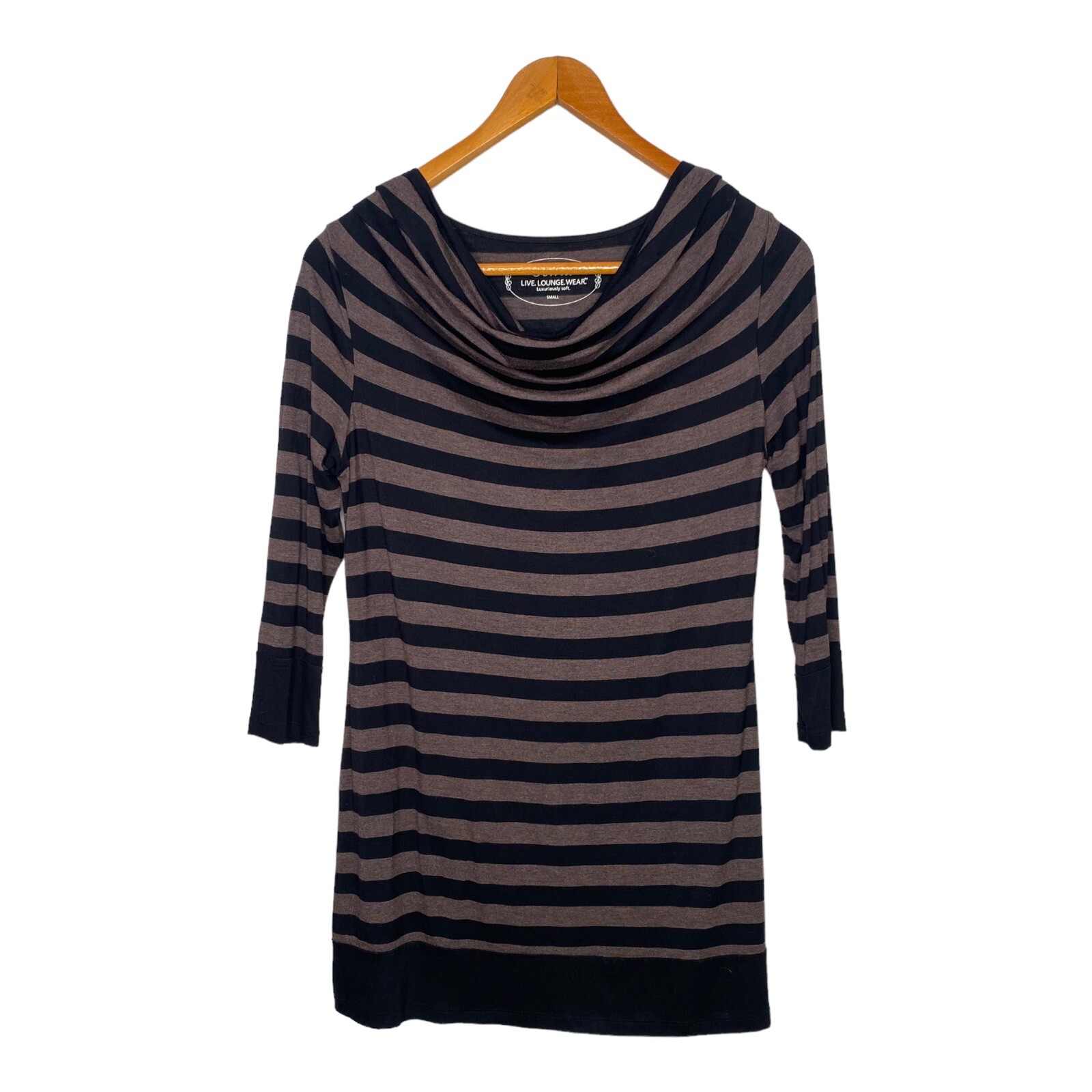 Soma Womens Tunic Top Small Brown Black Stripe Cowl Neck Long Sleeve