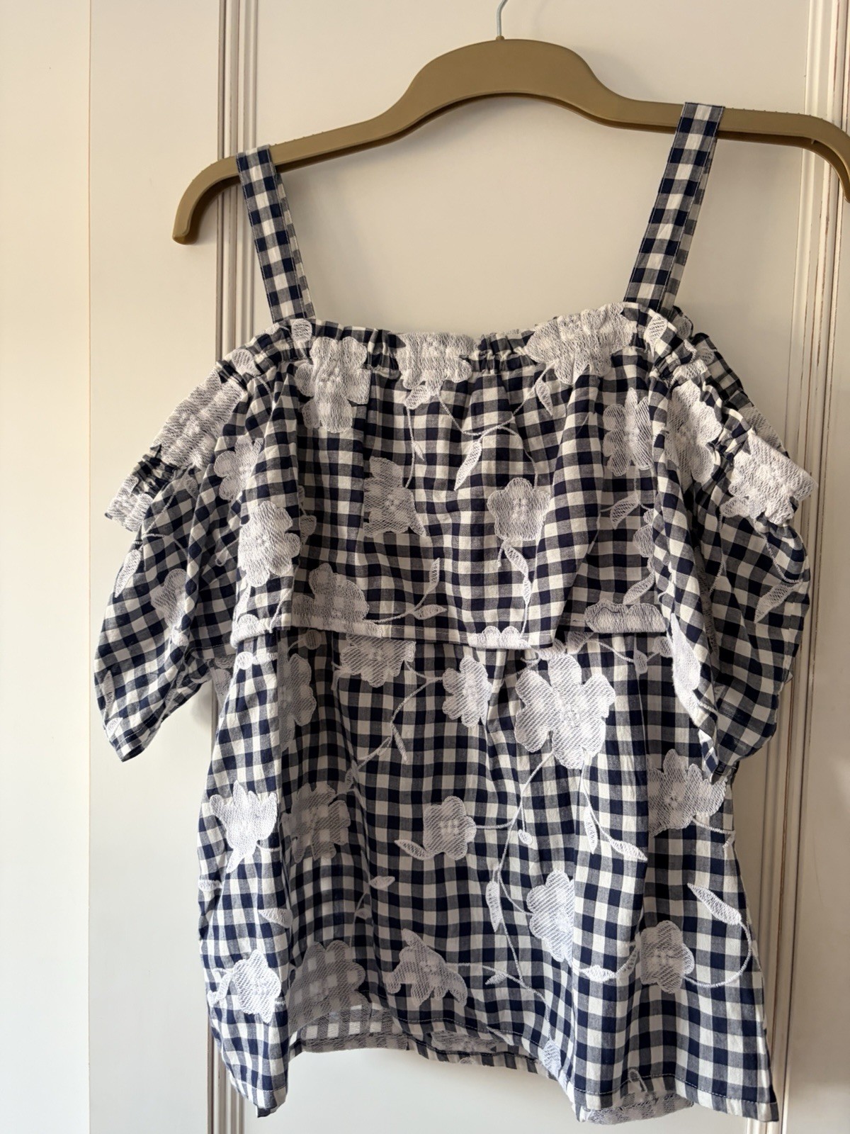 Monsoon Navy Gingham Embroidered Cold Shoulder Top Size L Floral Cotton Boho