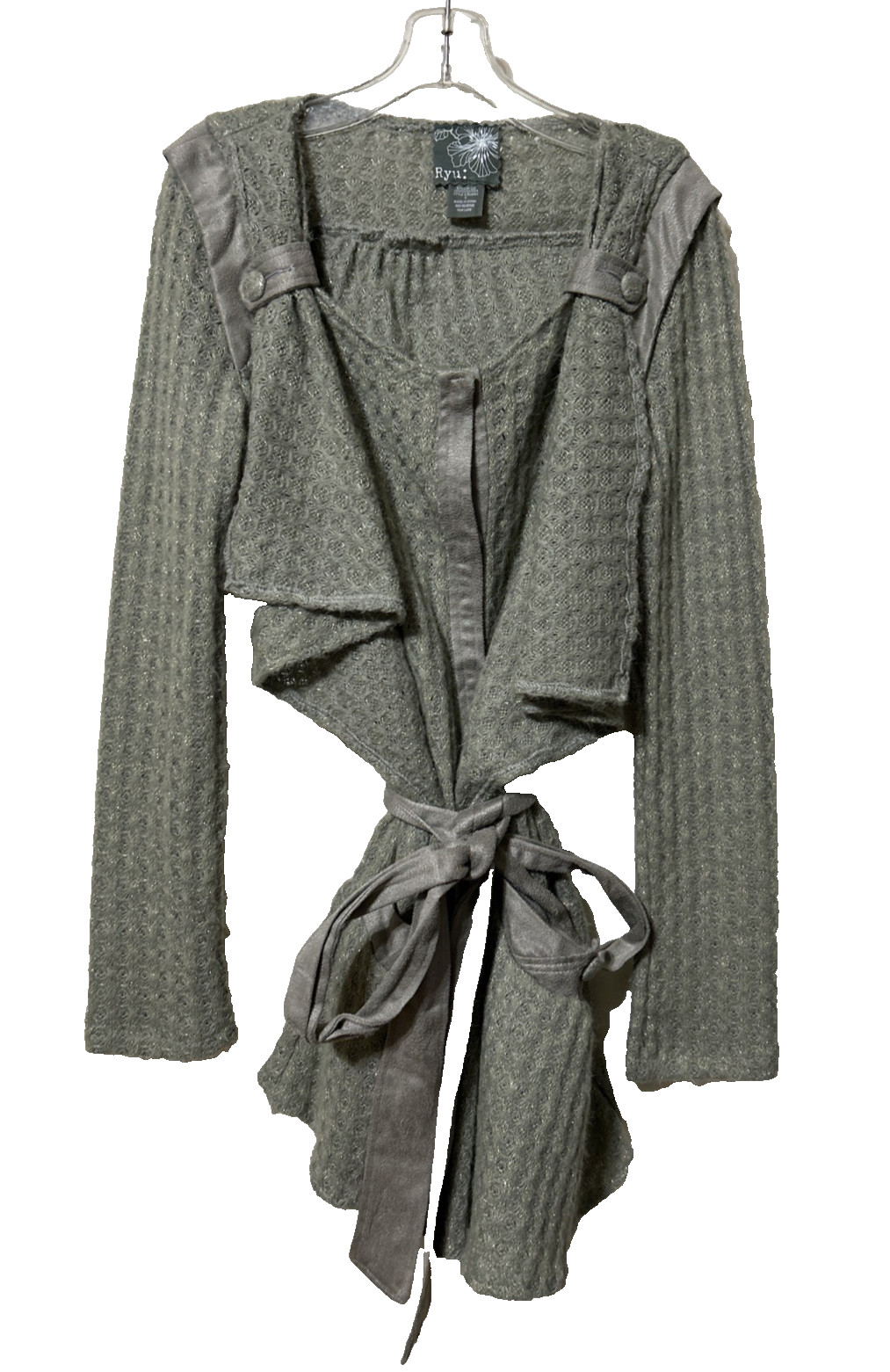 RYU Gray Glitter Cardigan Sweater Ruffle Button Front Belted Pockets Womens S