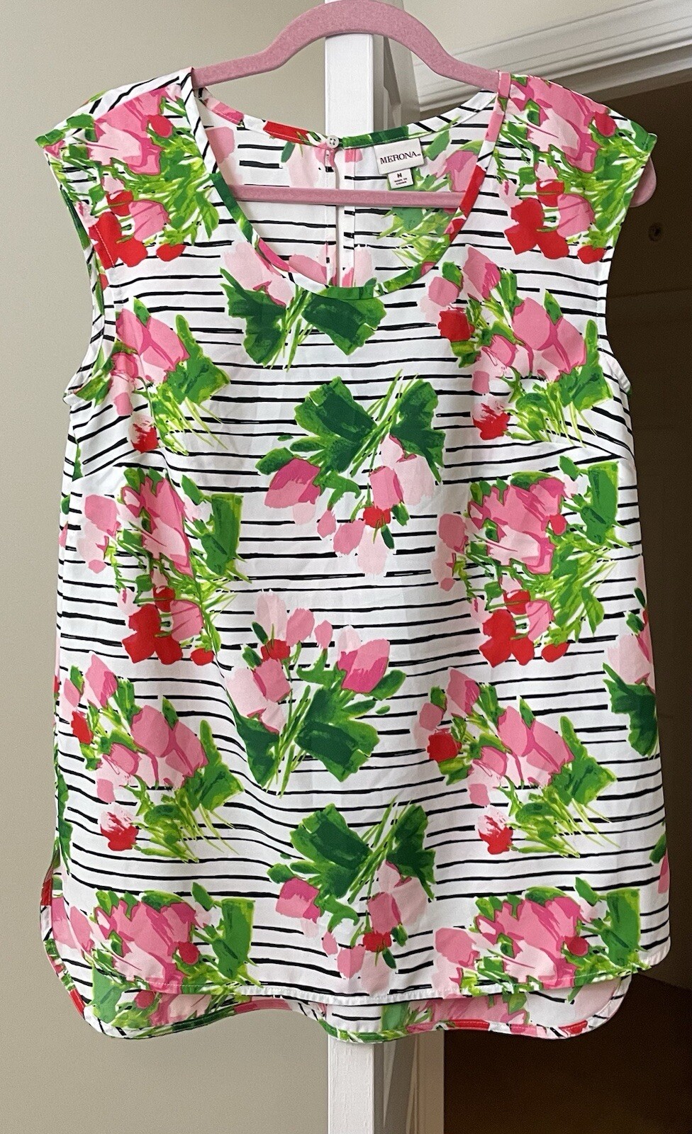 Merona Top Pink Tulip Floral Striped Coastal Gypsy Bohemian Women’s Medium