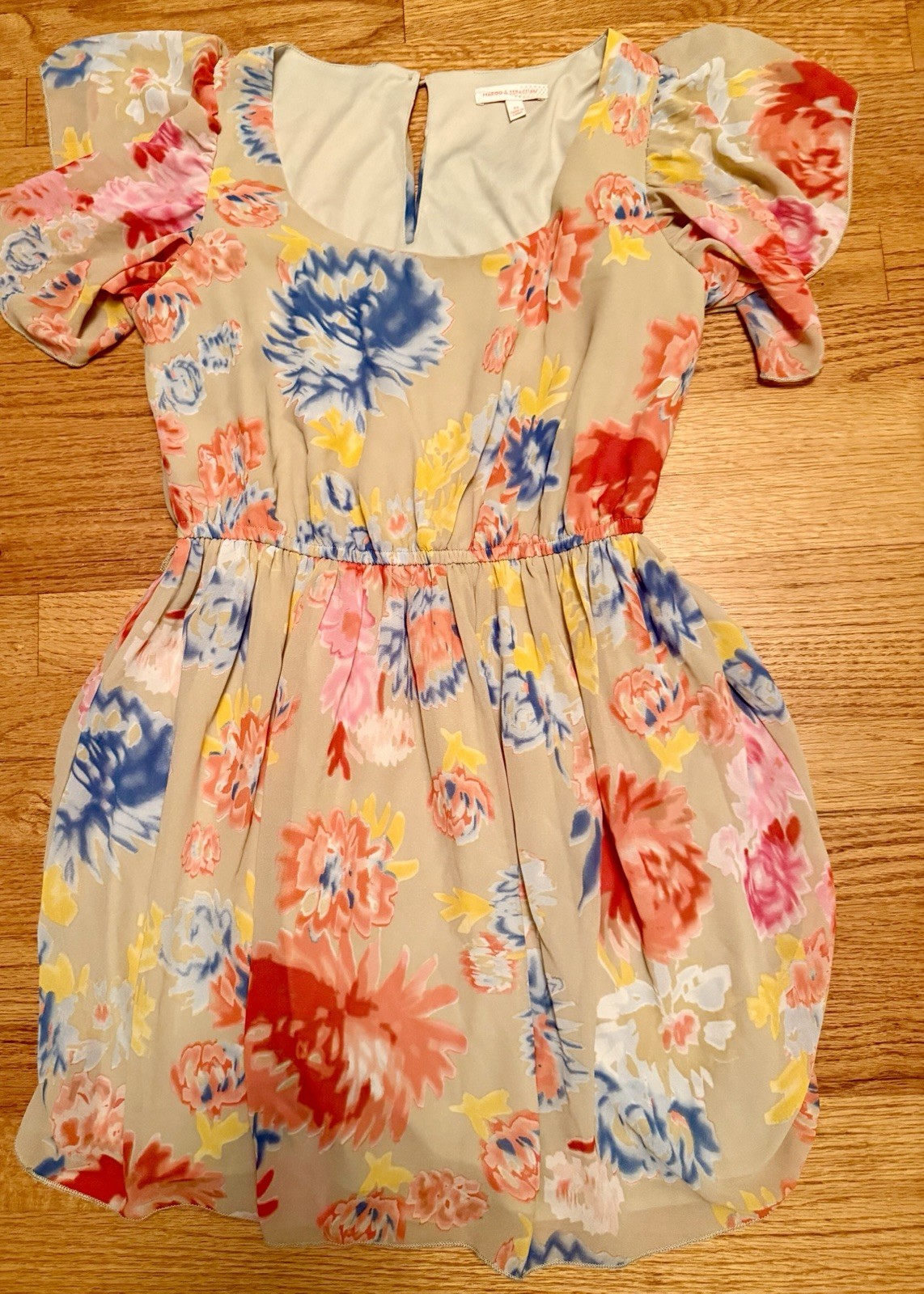 Margo & Sebastian Floral Lined Top – Elastic Waist Flutter Sleeves – Size Medium