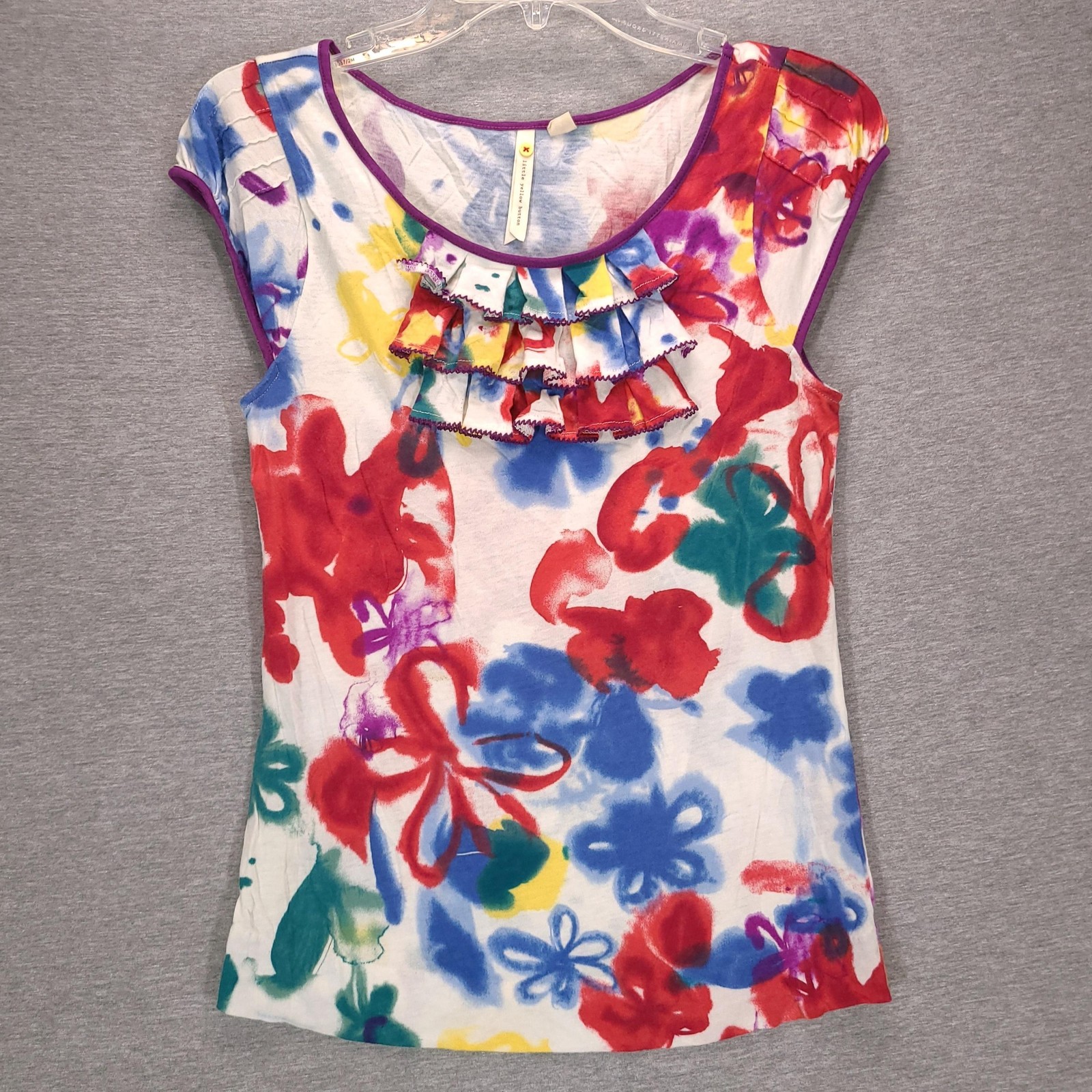 Little Yellow Button Shirt Womens Small Red Blue Green Ruffle Scoop Neck Tee Top