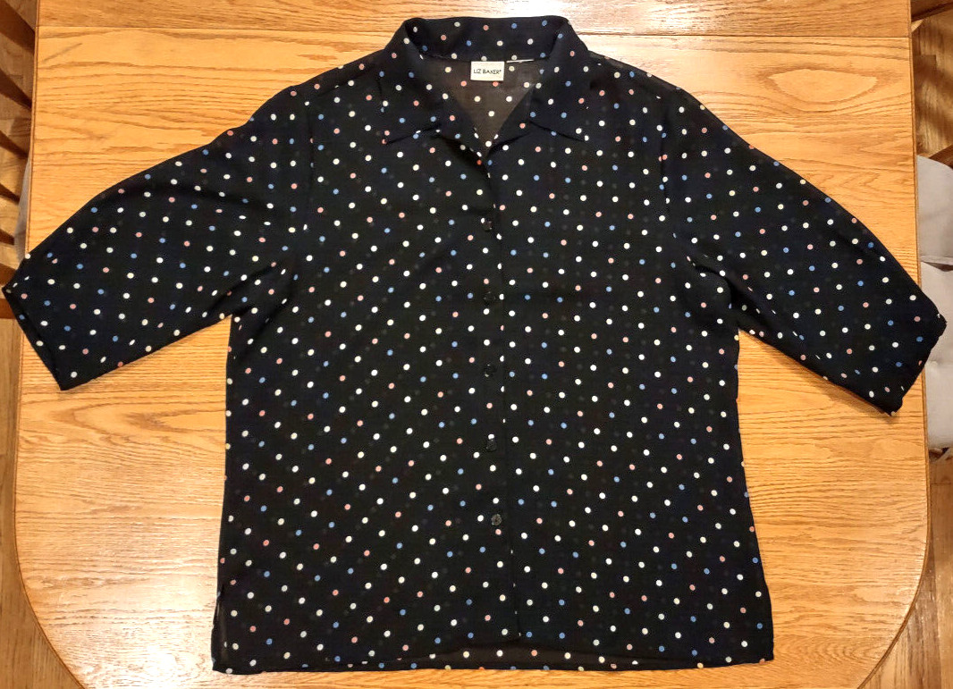Liz Baker Polka Dot Sheer Button Down Womens Size 18 Black 3/4 Sleeve 100% Poly