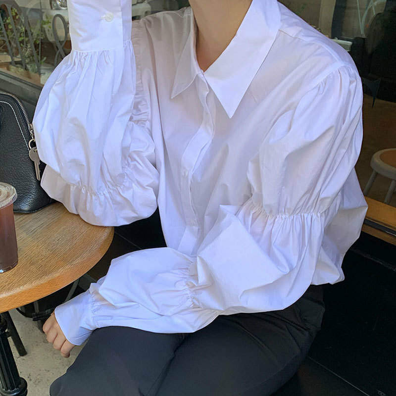 Women Puff Sleeve Shirt White Button Front Collar Top Casual Office Blous