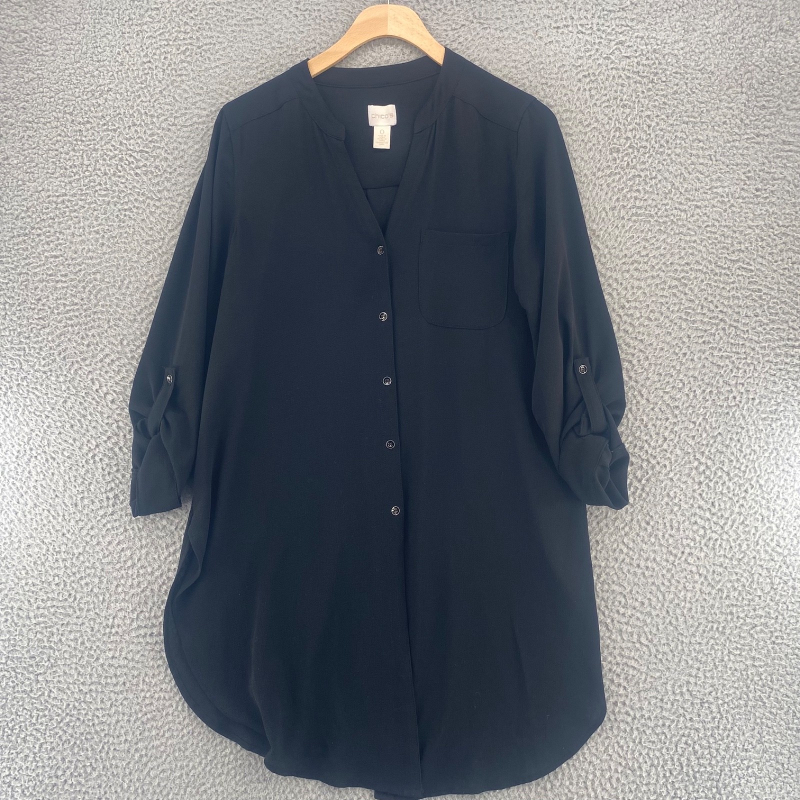 Chicos Top Womens 0 US Small Black Button Up Roll Tab Long Sleeve Tunic Casual
