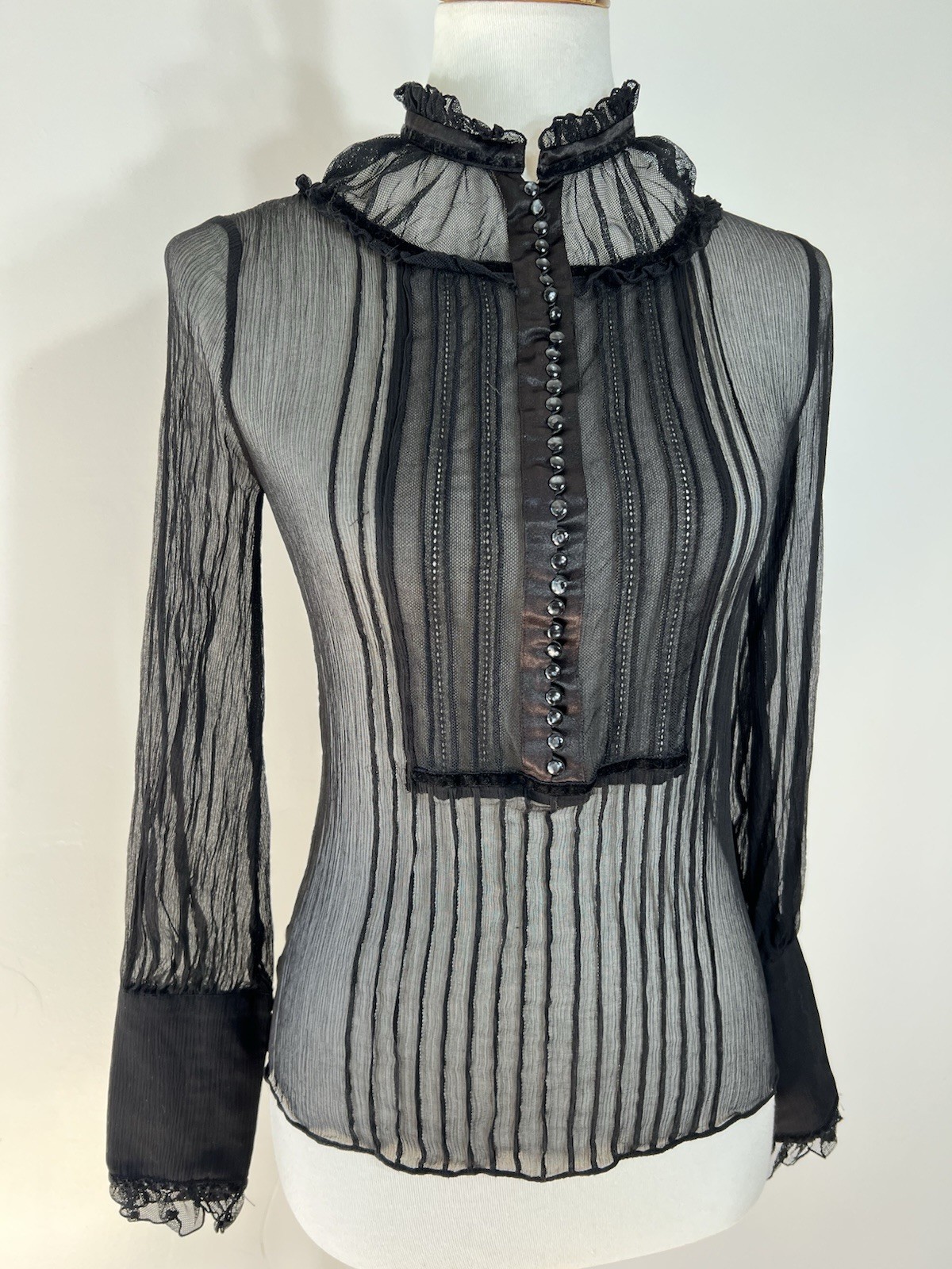 Black Sheer Silk Ruffle Victorian Whimsigoth Gothic Dark Feminine Blouse XS