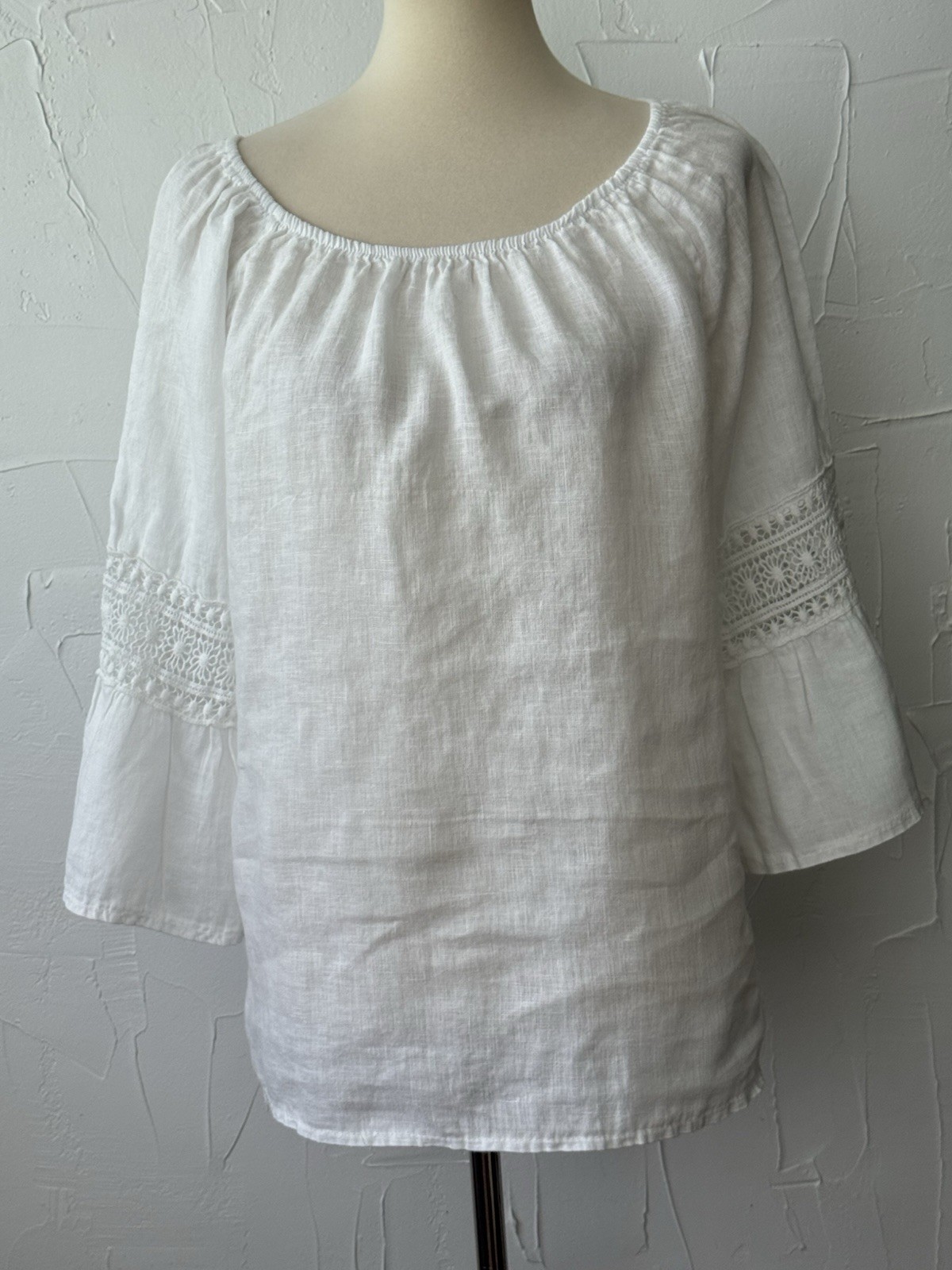 Alessia Pacini Italian Linen Blouse White Lace Sleeve Off Shoulder Top L