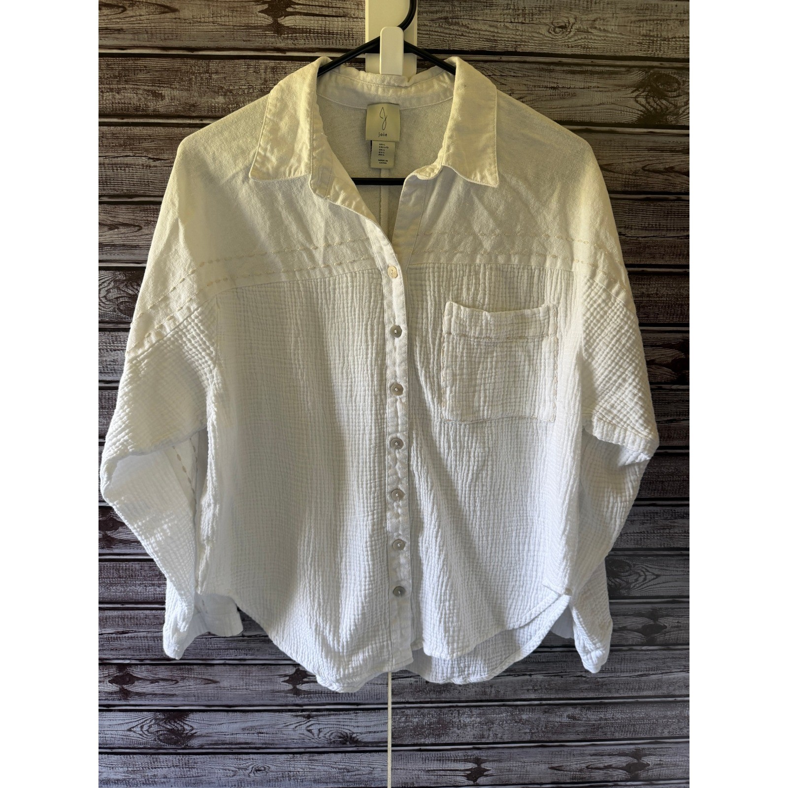 Joie Women’s Long-Sleeved Button-Down Top Size L White Contrast Fabric Gauze