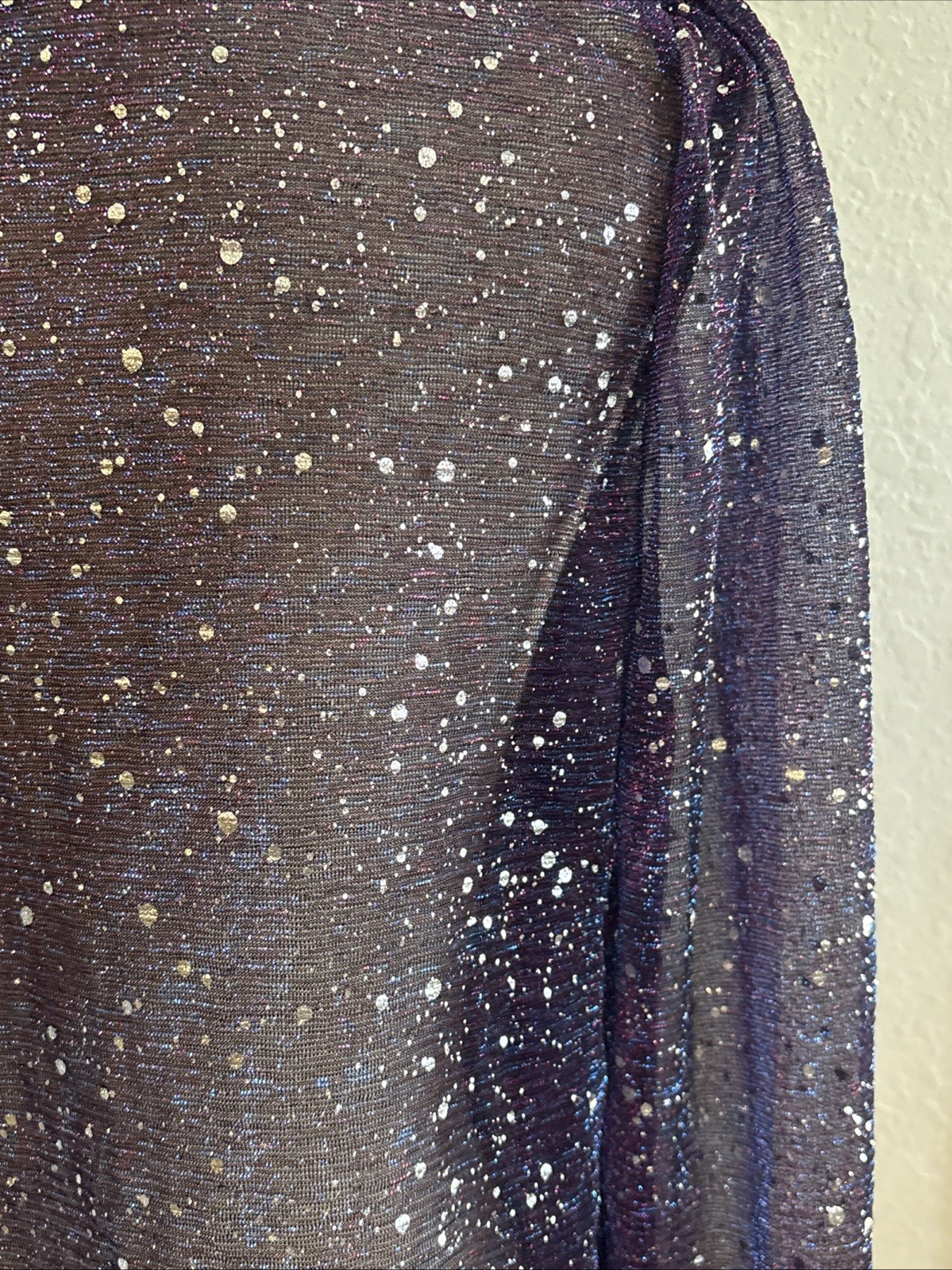 Shein Blouse Sheer Long Sleeves W/Shiny Silver Polka Dot Purple Size 4