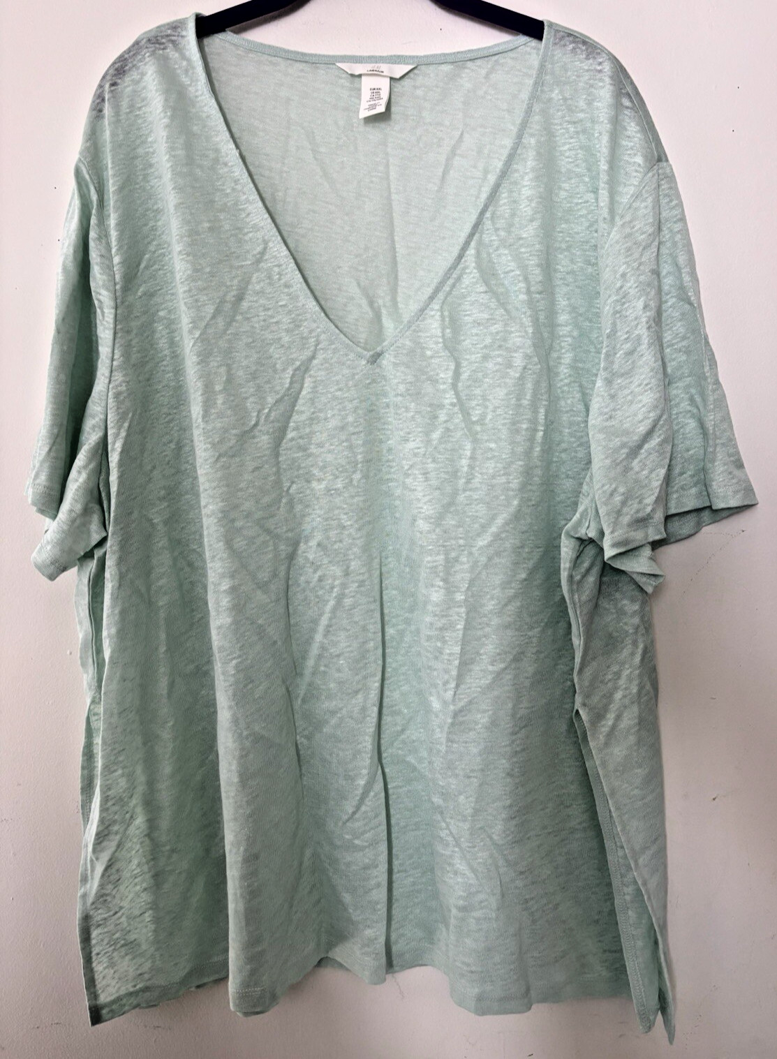 NWoT H&M Short Sleeve Linen T-Shirt Top V neck Lt Teal Size XXL