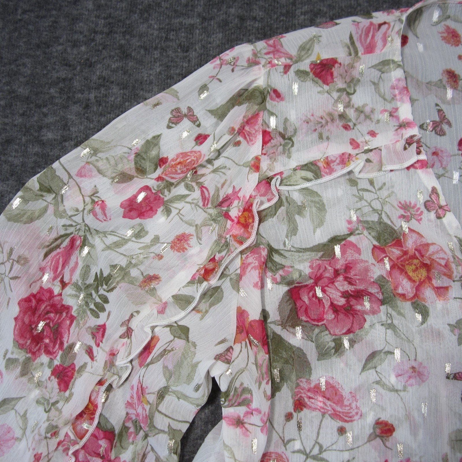Autres Filles Floral Blouse XL White Pink Metallic Boho Cottage Feminine Church