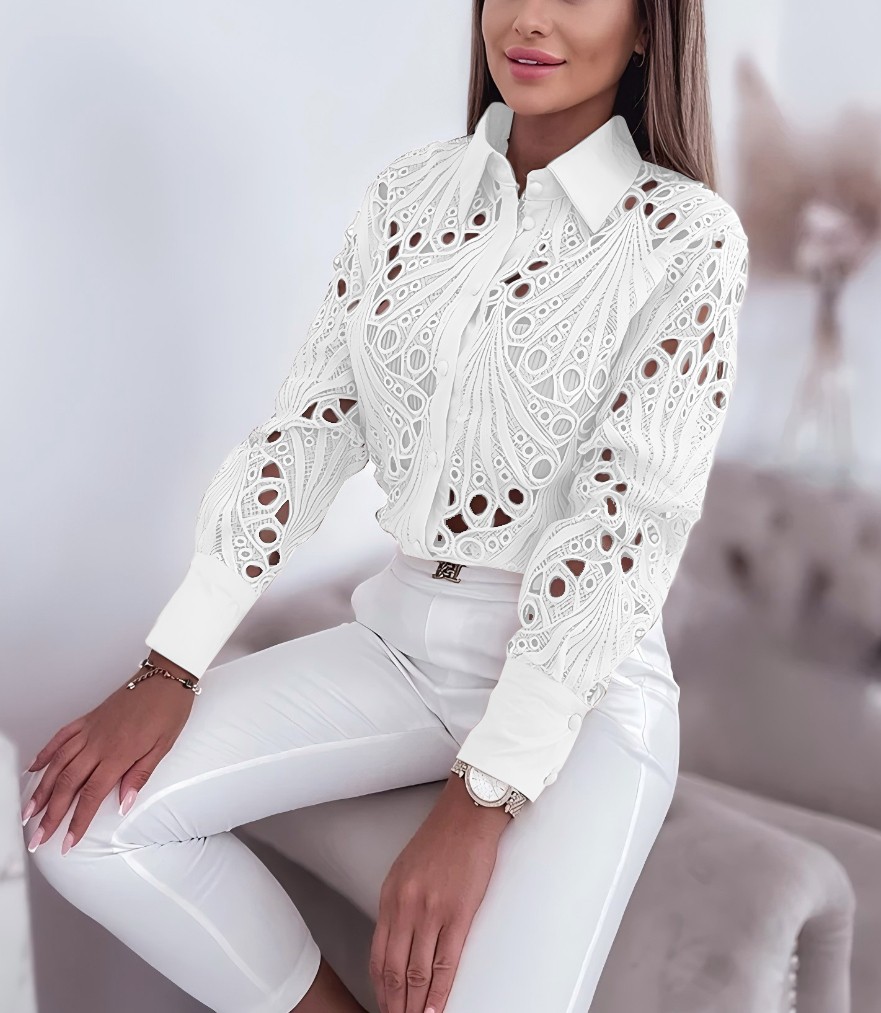 Blouses Hollowed Out Long Sleeved Shirt Solid Button Up Lapel Open Front Camisas