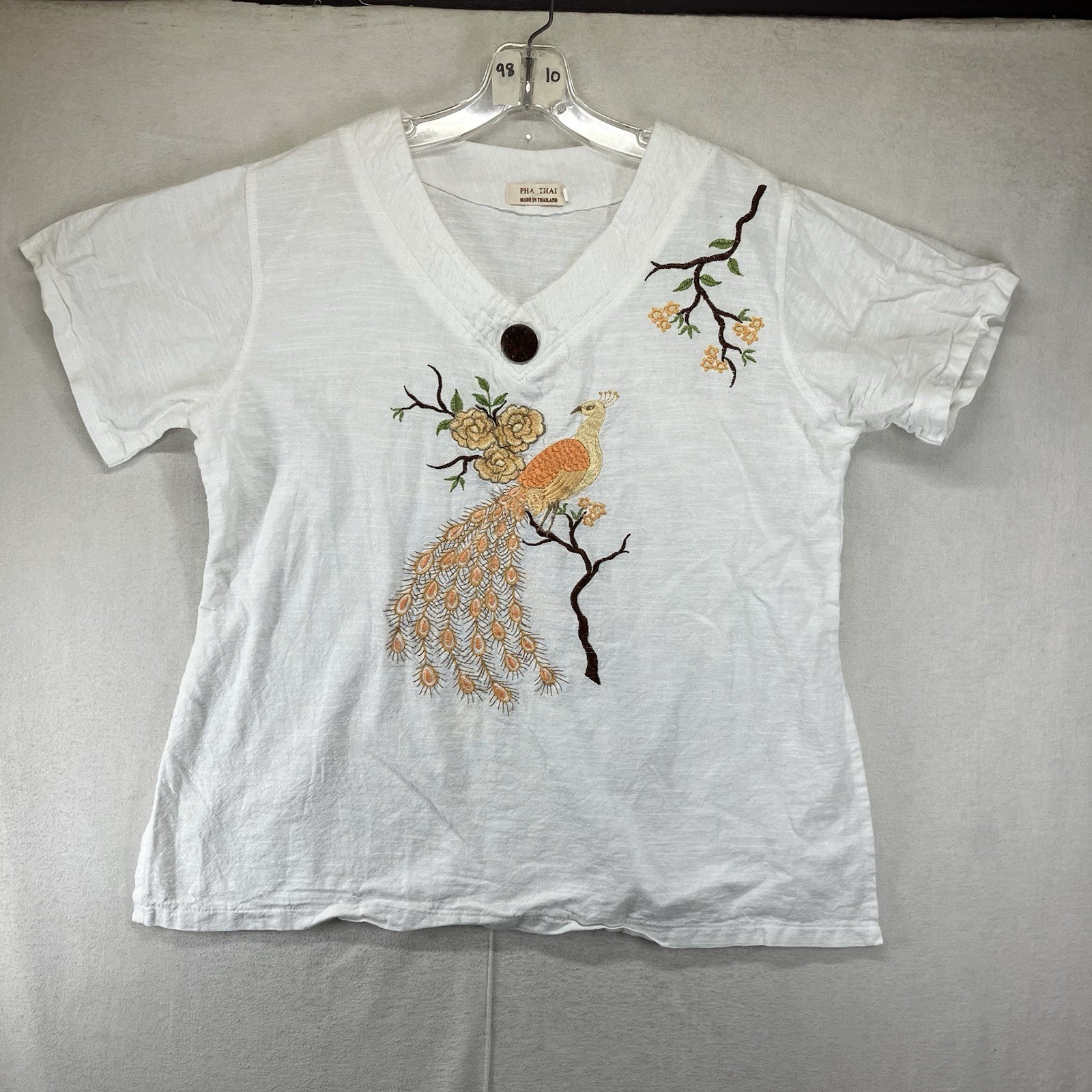 Women’s Embroidered Asian Large White Cotton Shirt Golden Roses Peacock Pha Thai