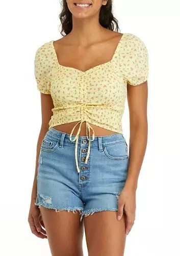 Vanilla Star Women’s Cropped Puff Sleeve Top Spring Yellow Floral- MEDIUM- NEW