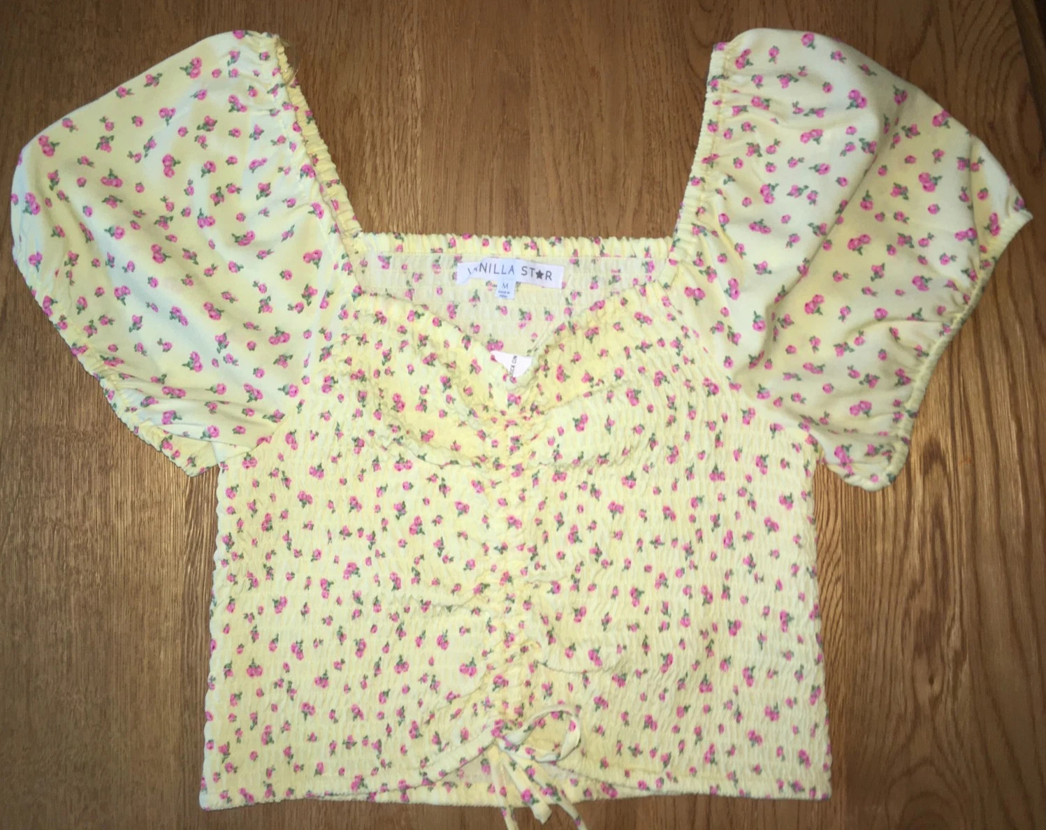 Vanilla Star Women’s Cropped Puff Sleeve Top Spring Yellow Floral- MEDIUM- NEW