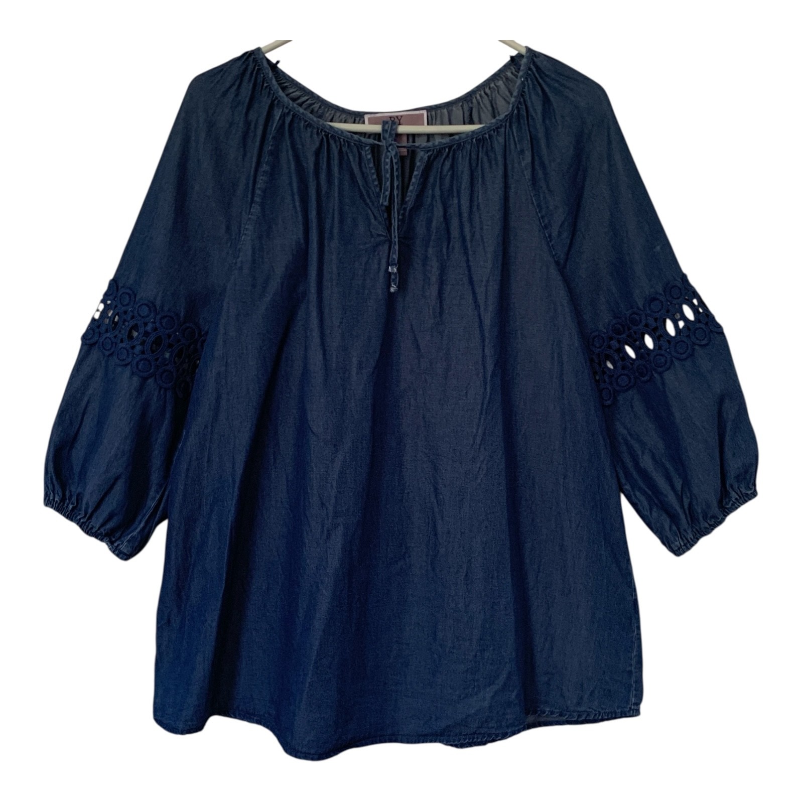 By Design Blouse LARGE Navy Blue Chambray Cut Out Sleeves Boho Tie Casual Top