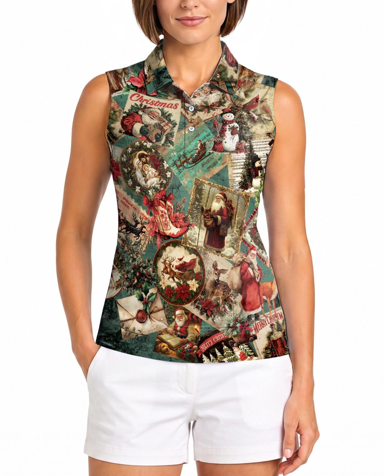 Vintage Christmas Santa Women’s Sleeveless Performance Polo Shirt for Golf