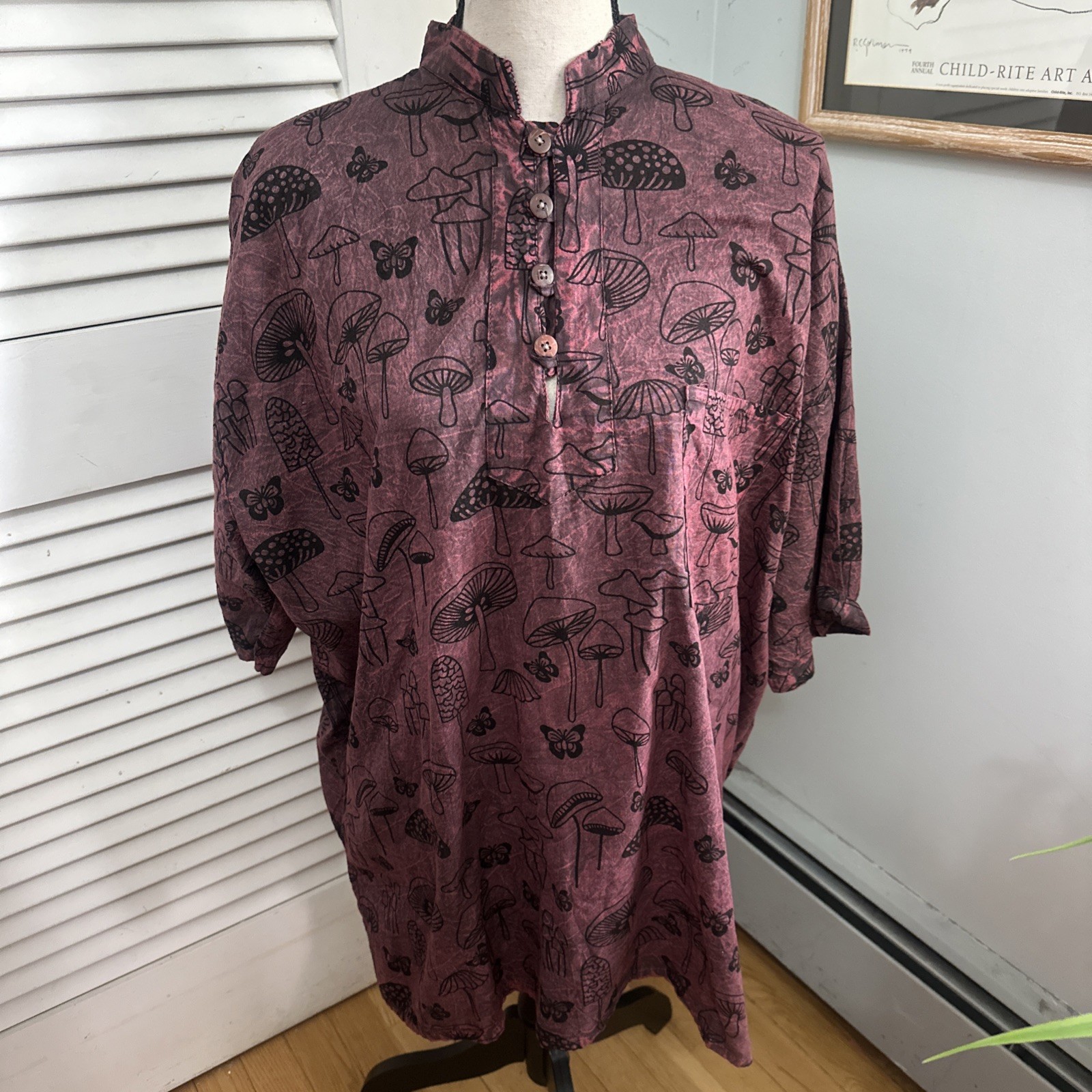 Vision of Tibet Tunic Adult XXL Burgundy Mushroom All Over Print Boho Festival