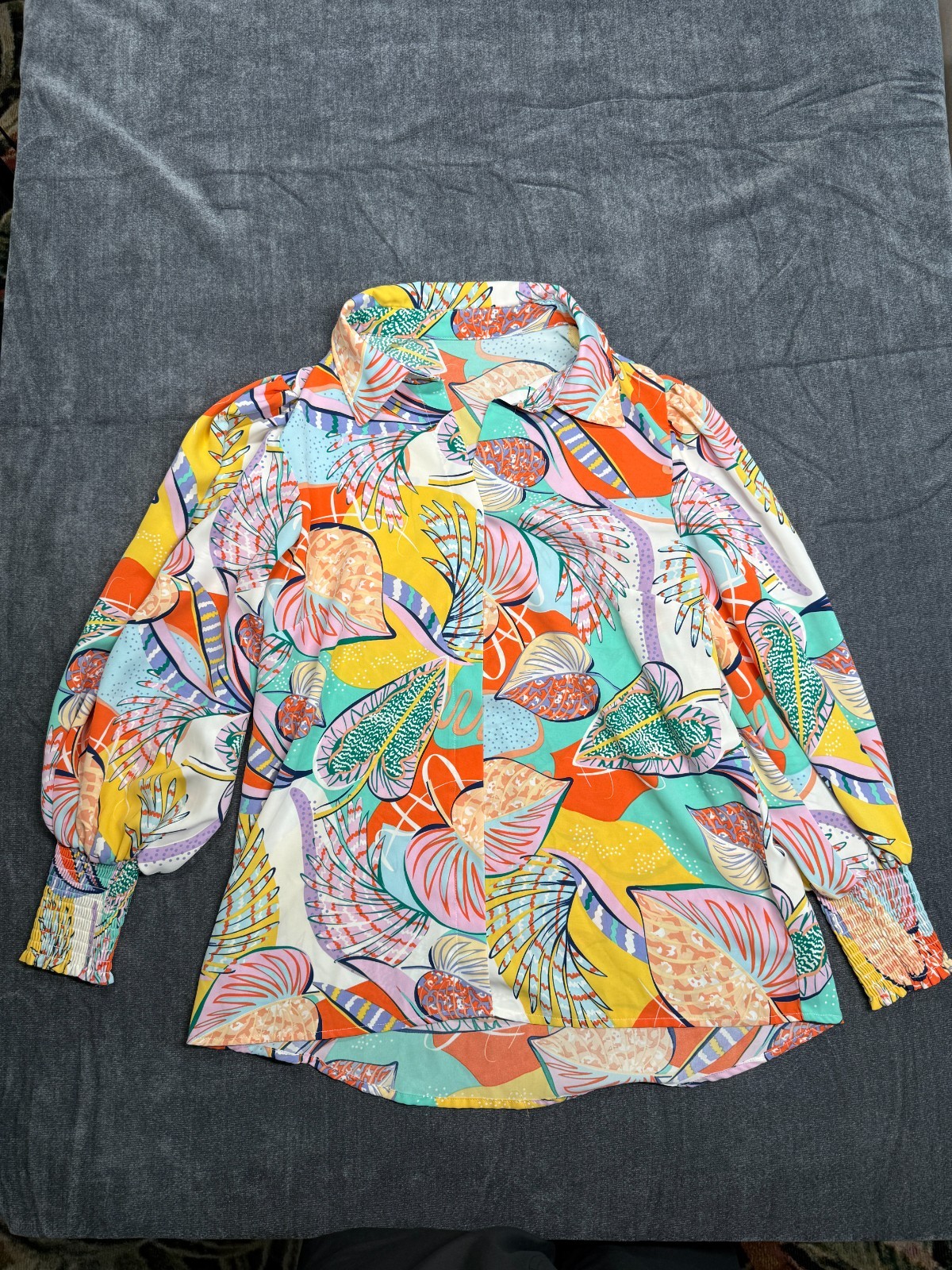 Womens Colorful Tropical Print Blouse Smocked Cuffs Oversized Button Front