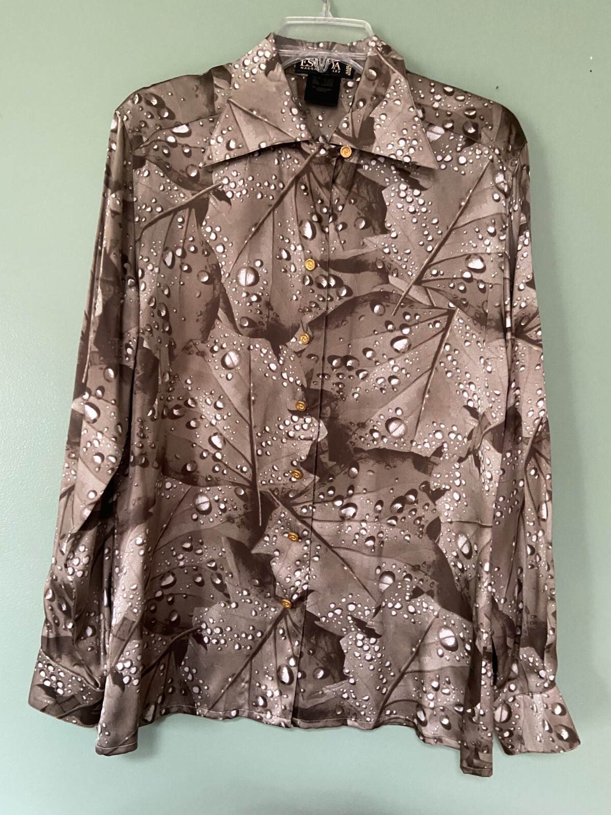 ESCADA VINTAGE SILK BLOUSE IN SHADES OF BROWN RAIN DROPS IN 3D PRINT 38 10-12