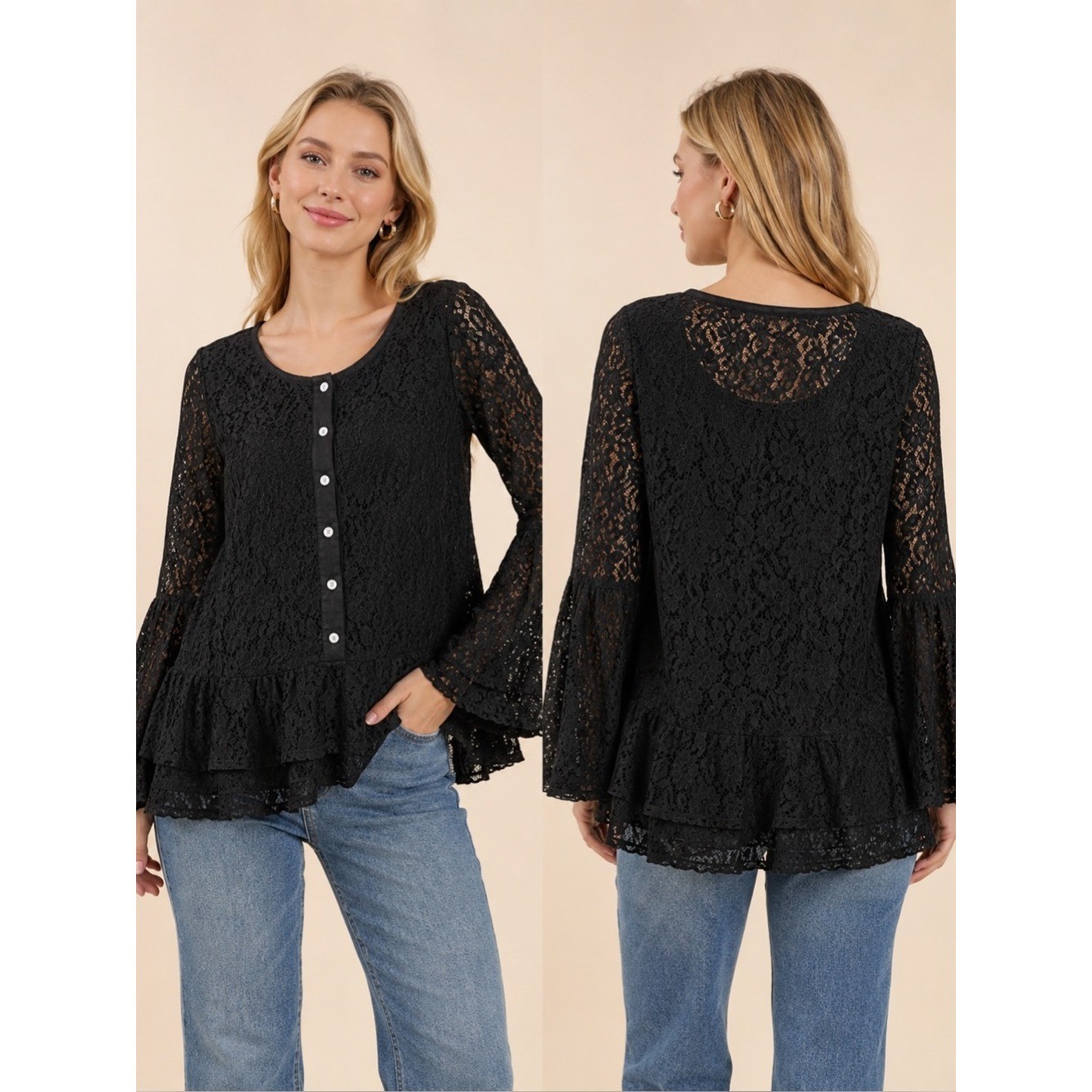 Umgee Black Lace Bell Sleeve Peplum Blouse Sheer Boho Romantic Women’s Size S