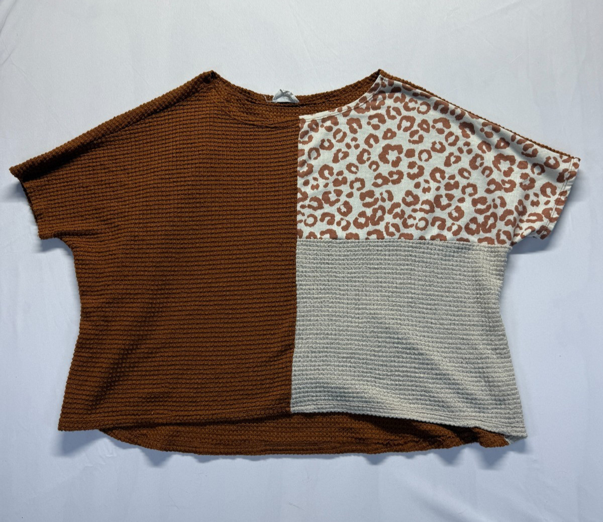 Fantastic Fawn Crop Top Womens Medium Multi Colorblock Leopard Print Waffle Knit