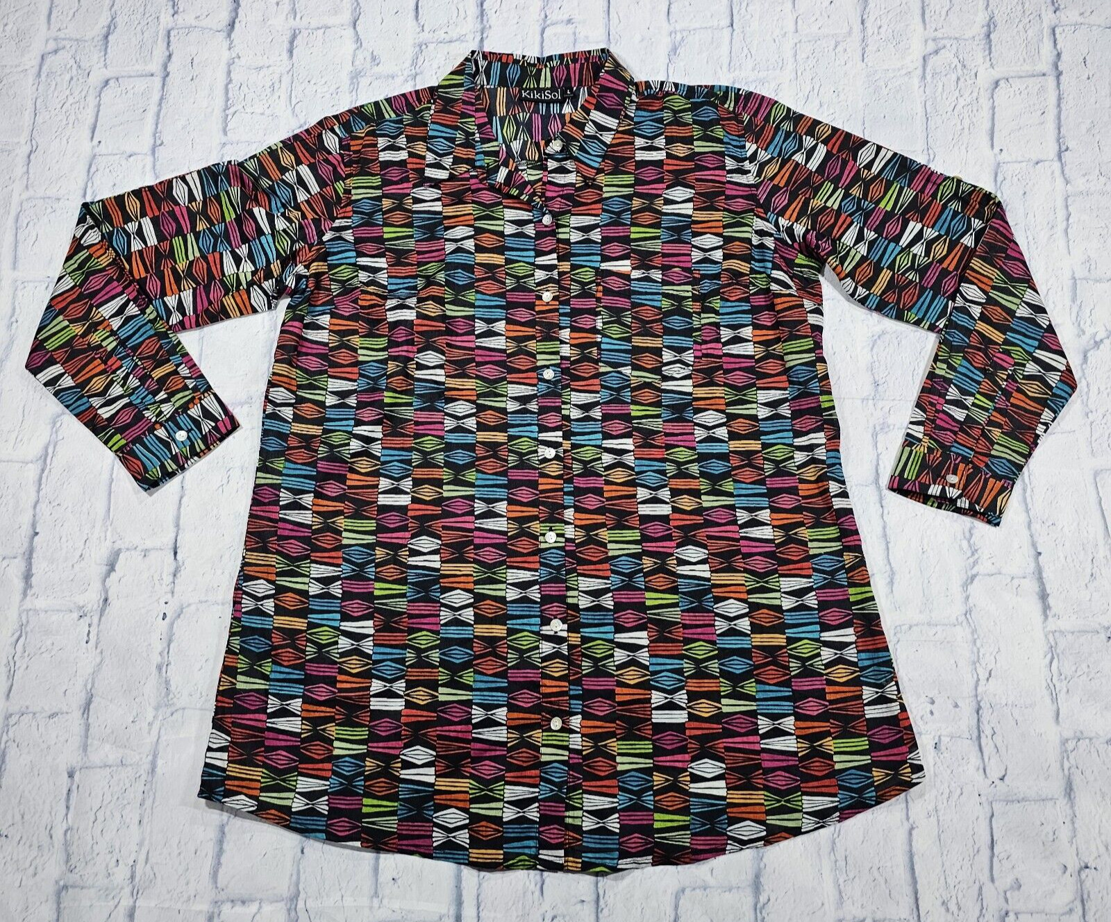 KikiSol WOMENS SIZE L Multicolor Art Boho Tunic Boyfriend Shirt Button Sheer