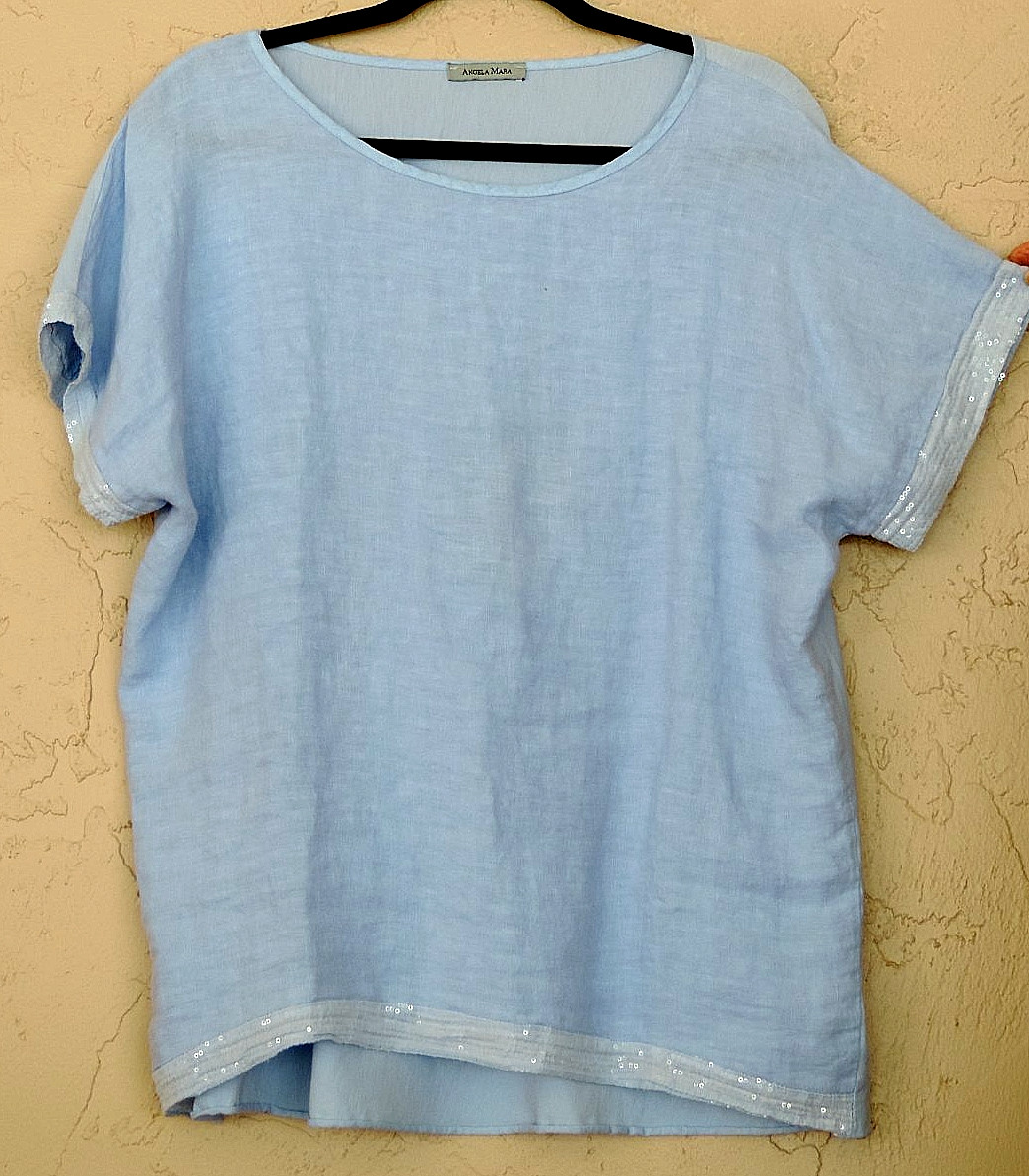 Angela Mara Made in Italy Sz S Oversized L XL Blue Linen Tunic Top Blouse Sequin