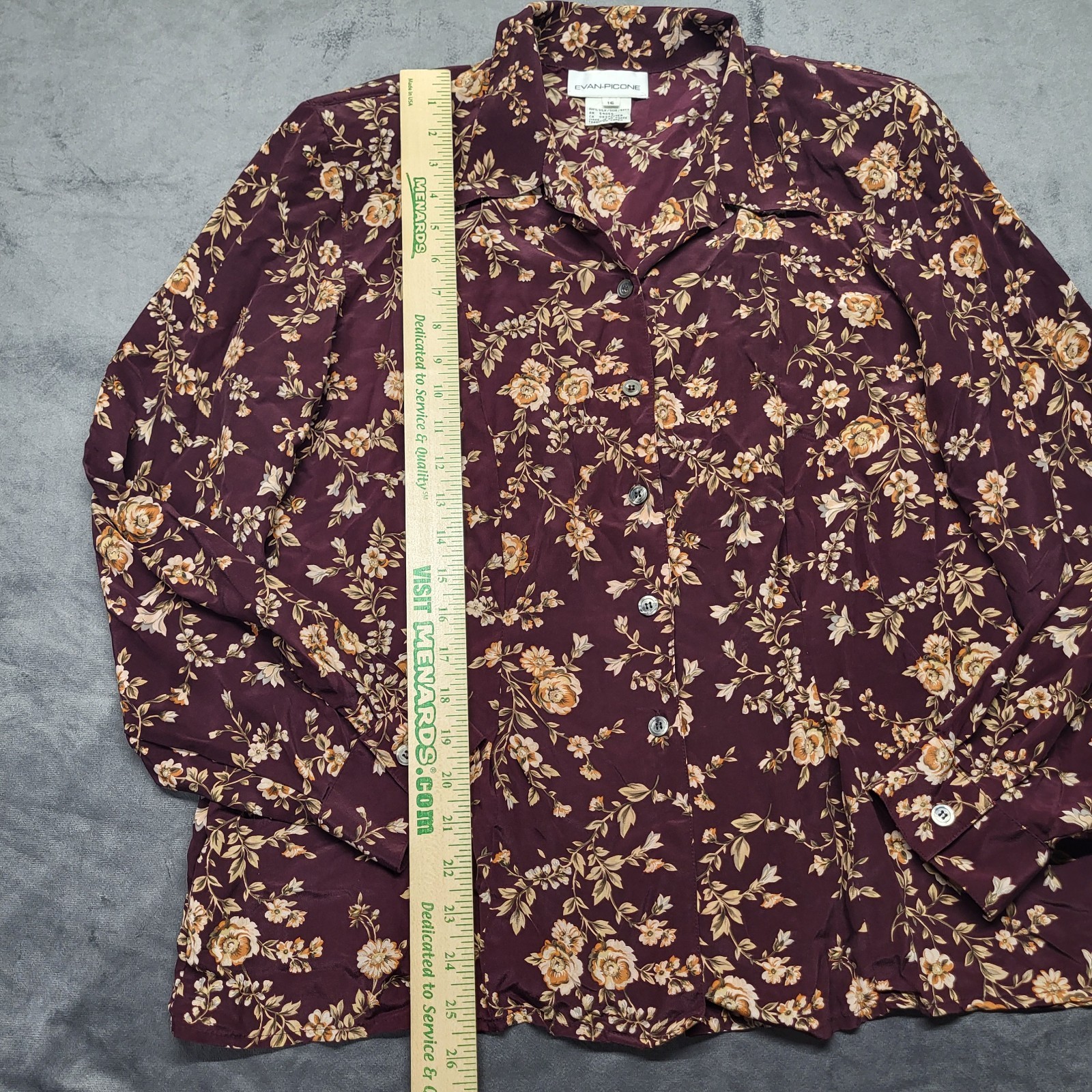 Vintage Evan-Picone 100% Silk Long Sleeve Blouse Floral 16 Shoulder Pads Button