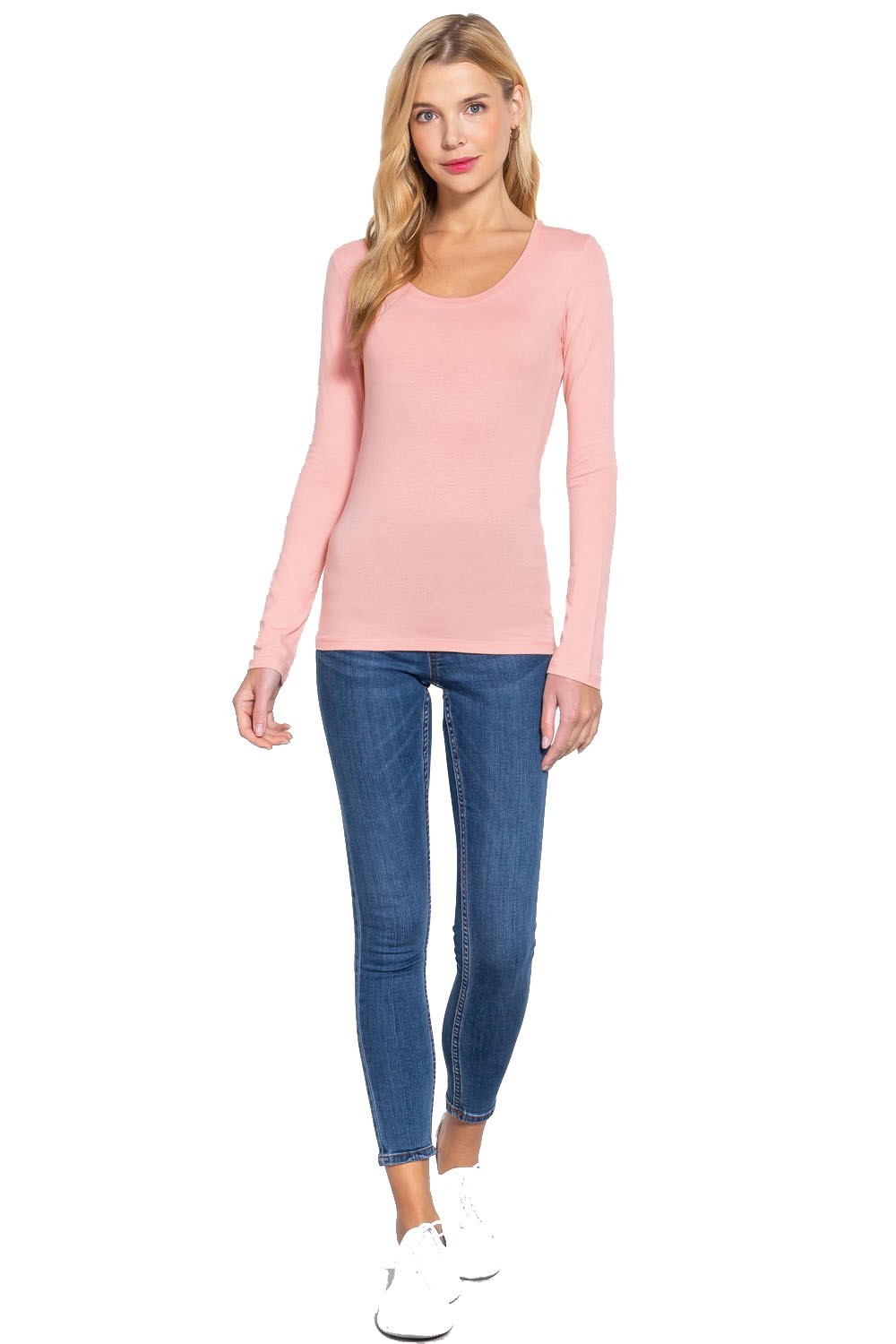 (ACTIVE BASIC) Long Sleeve T Shirt Sexy Scoop Neck Stretch Cotton Tee (S-2X)