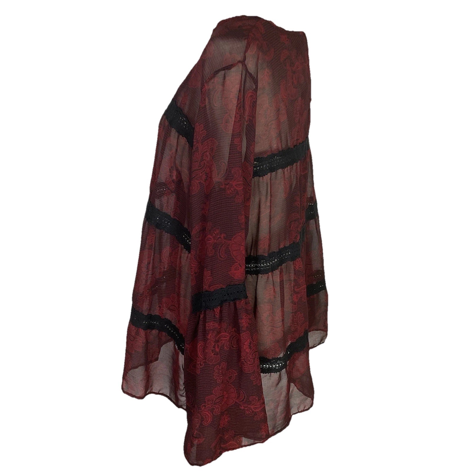 NWT GNW Black Red Floral Sheer Top SZ Large Flare Sleeve Dark Romantic Witchy