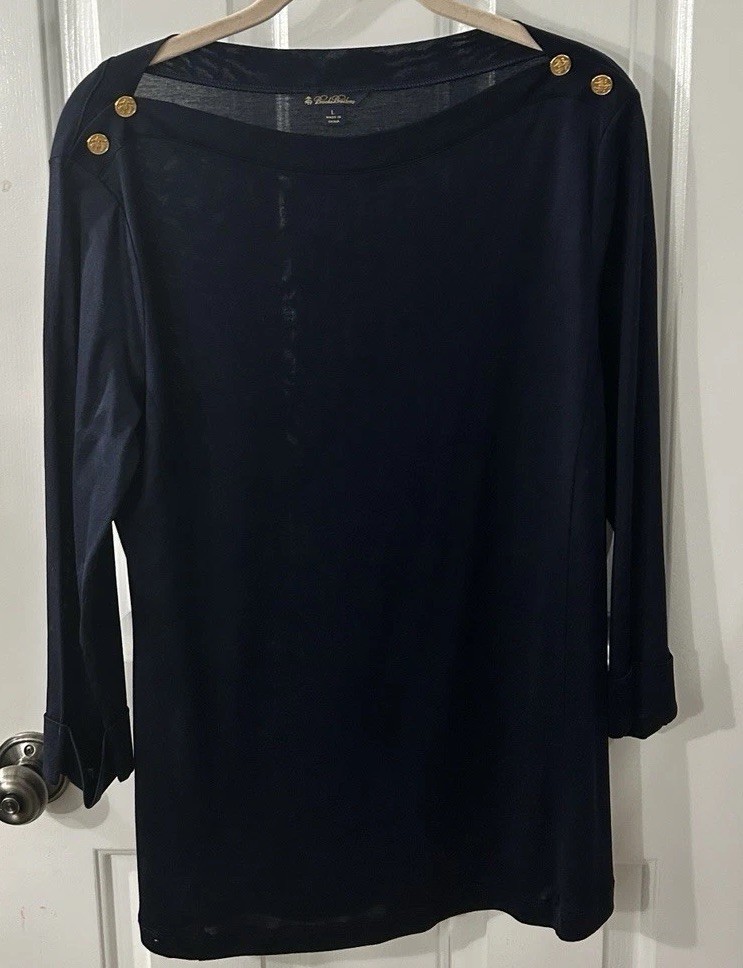 Brooks Brothers Women’s Size L Navy Supima Cotton Knit Top, Brass Buttons EUC!