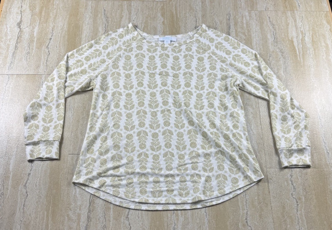 Bunulu Womens XL Green White Floral Block Print Sweater Like Blouse Top