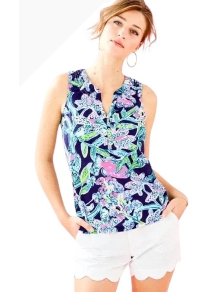 Lilly Pulitzer Shirt Women Small Navy Sway This Way V Neck Floral Essie Top Boho
